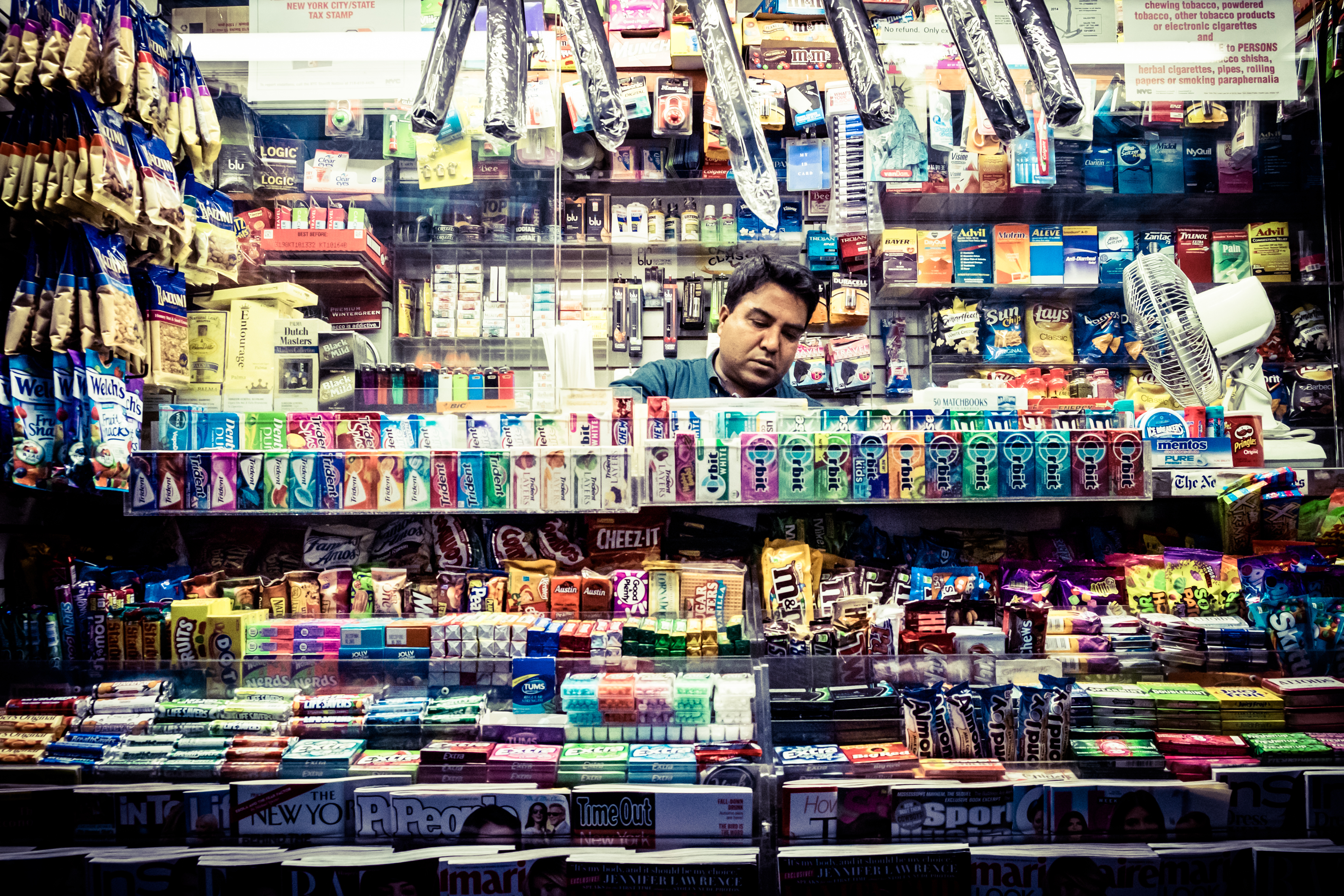 Magazines, candy and snack street shop