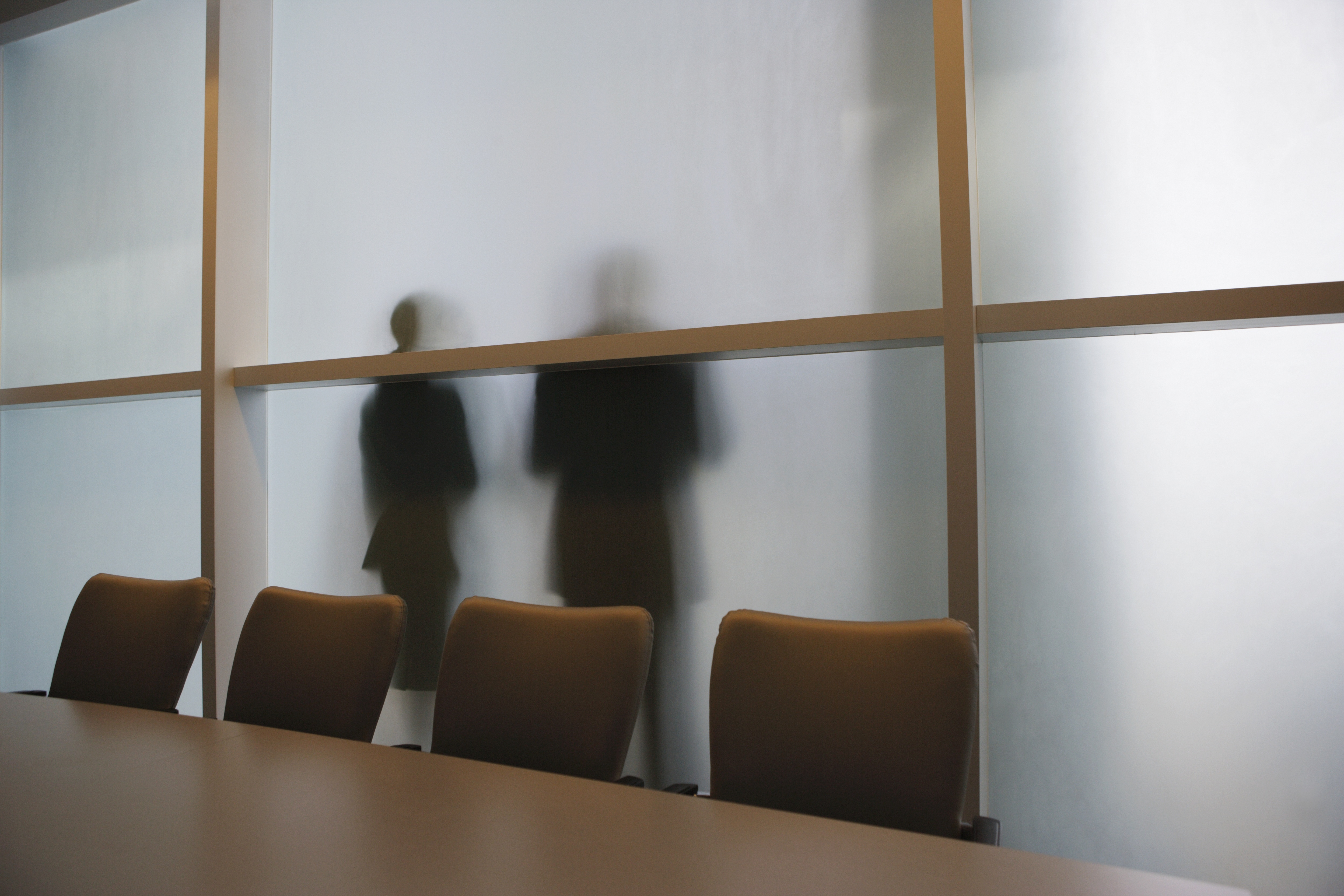 Silhouette of businesspeople through frosted glass wall