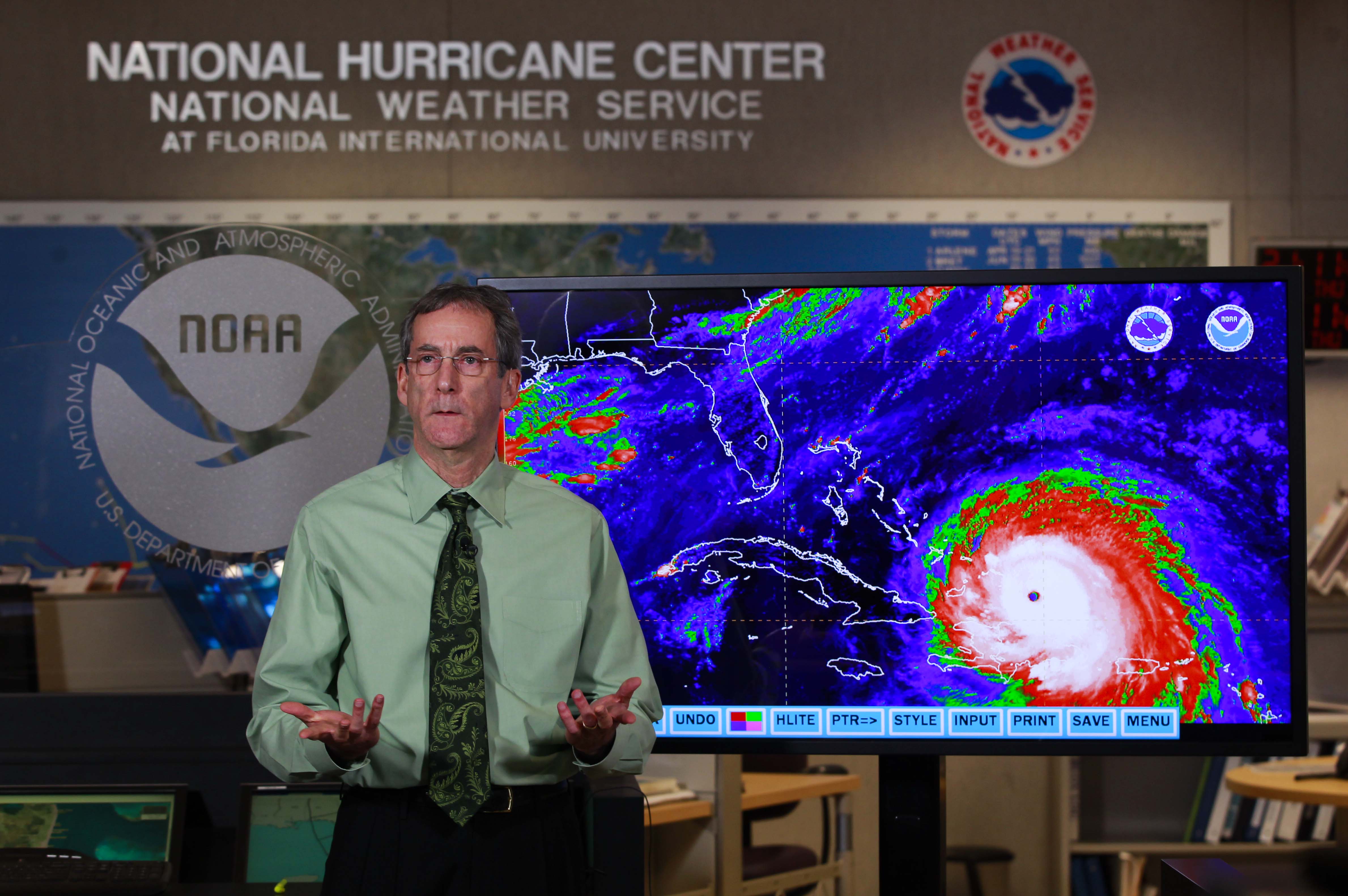 MIAMI, FL- SEPTEMBER 7: The National Hurricane Center's Acting Director Dr. Ed Rappaport is seen during a televised interview at the National Weather Service's facility in Miami September 7, 2017 where they track and predict Hurricane Irma's advance