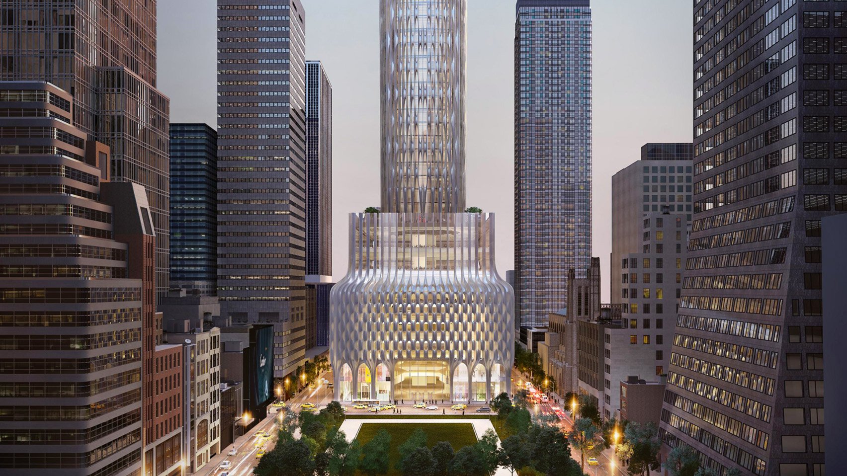 A rendering of the proposed rebuilt 666 Fifth Avenue in New York City.