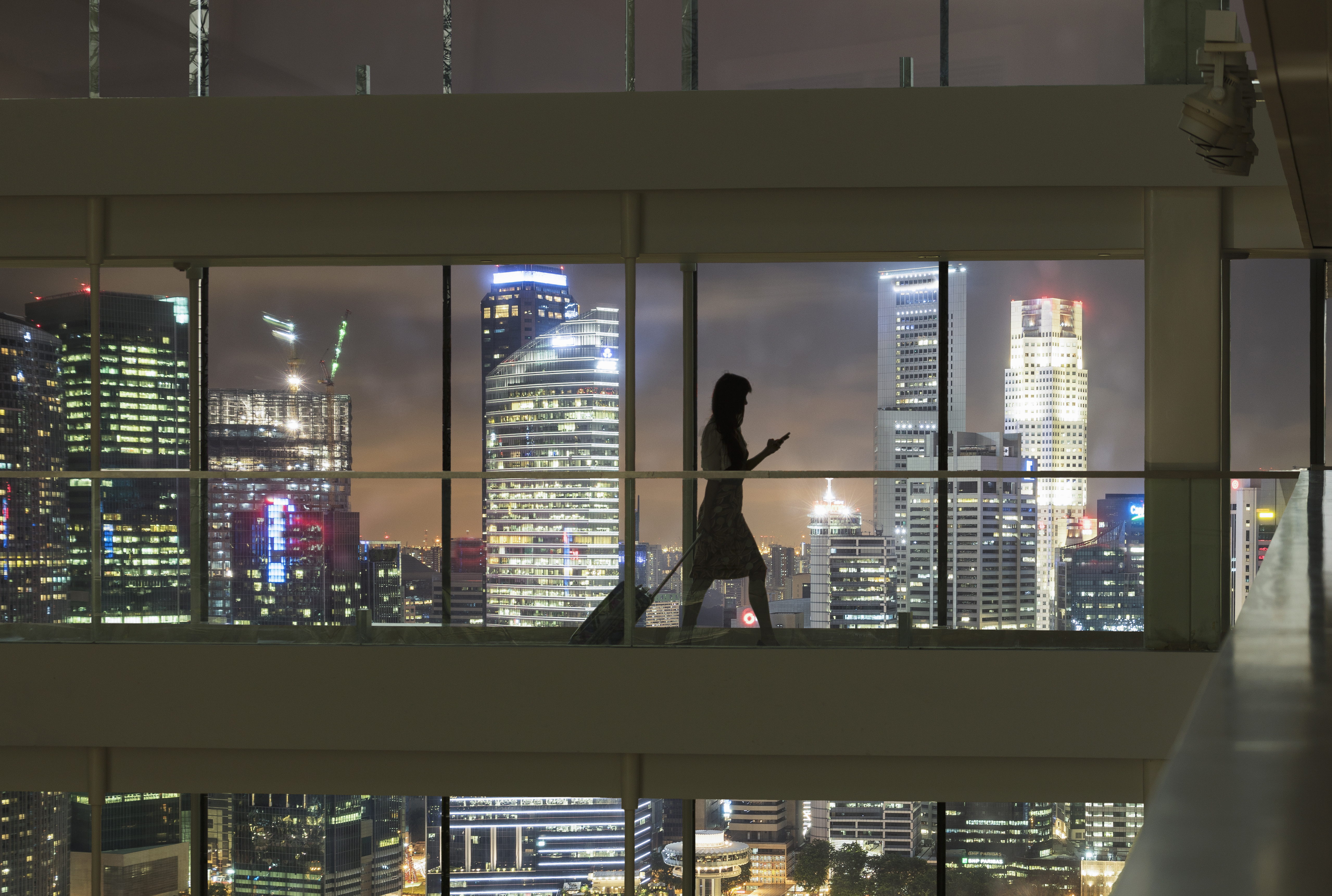 Young woman using smartphone and pulling suitcase, city skyline in view