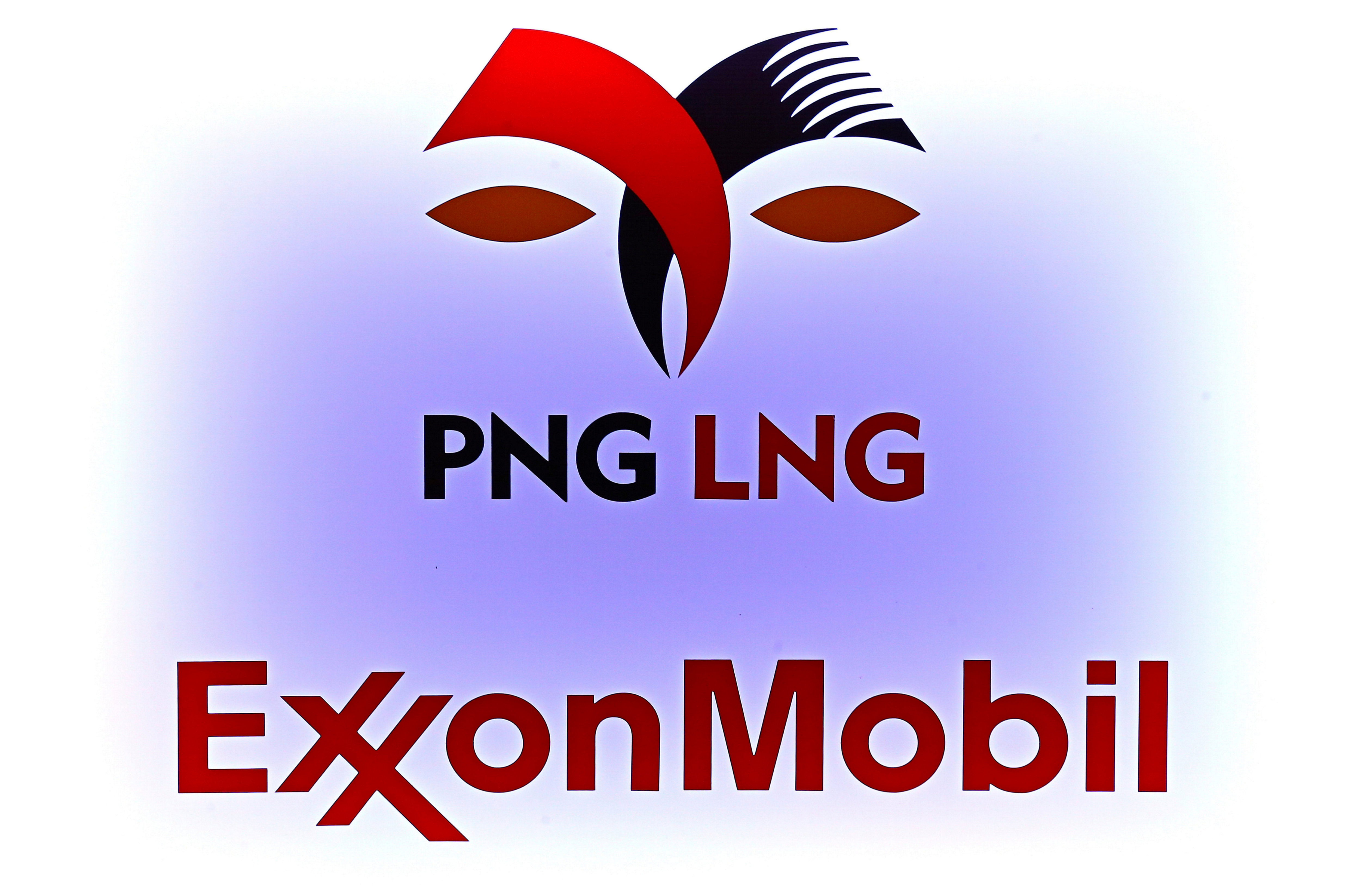 The logo for ExxonMobil and PNG LNG, who operate a liquefied natural gas project in Papua New Guinea, adorns a display at a PNG mining and petroleum investment conference in Sydney, Australia