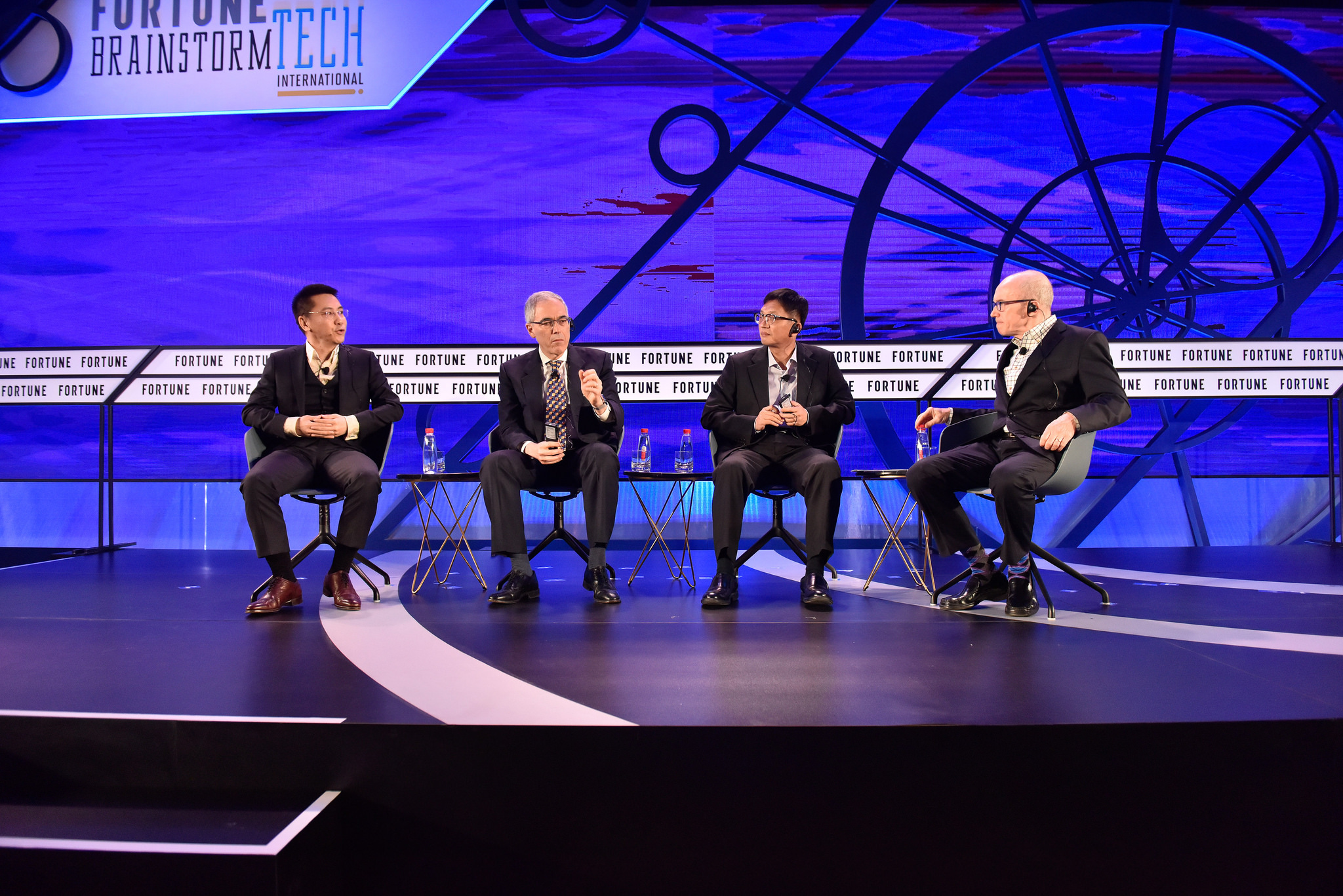 Roger Luo of DJI, Jay Walker of Priceline and Upside, Guangming Zeng of Kuaishou Technology, and Alan Murray of Fortune at Fortune's inaugural Brainstorm Tech International conference in Guangzhou, China.