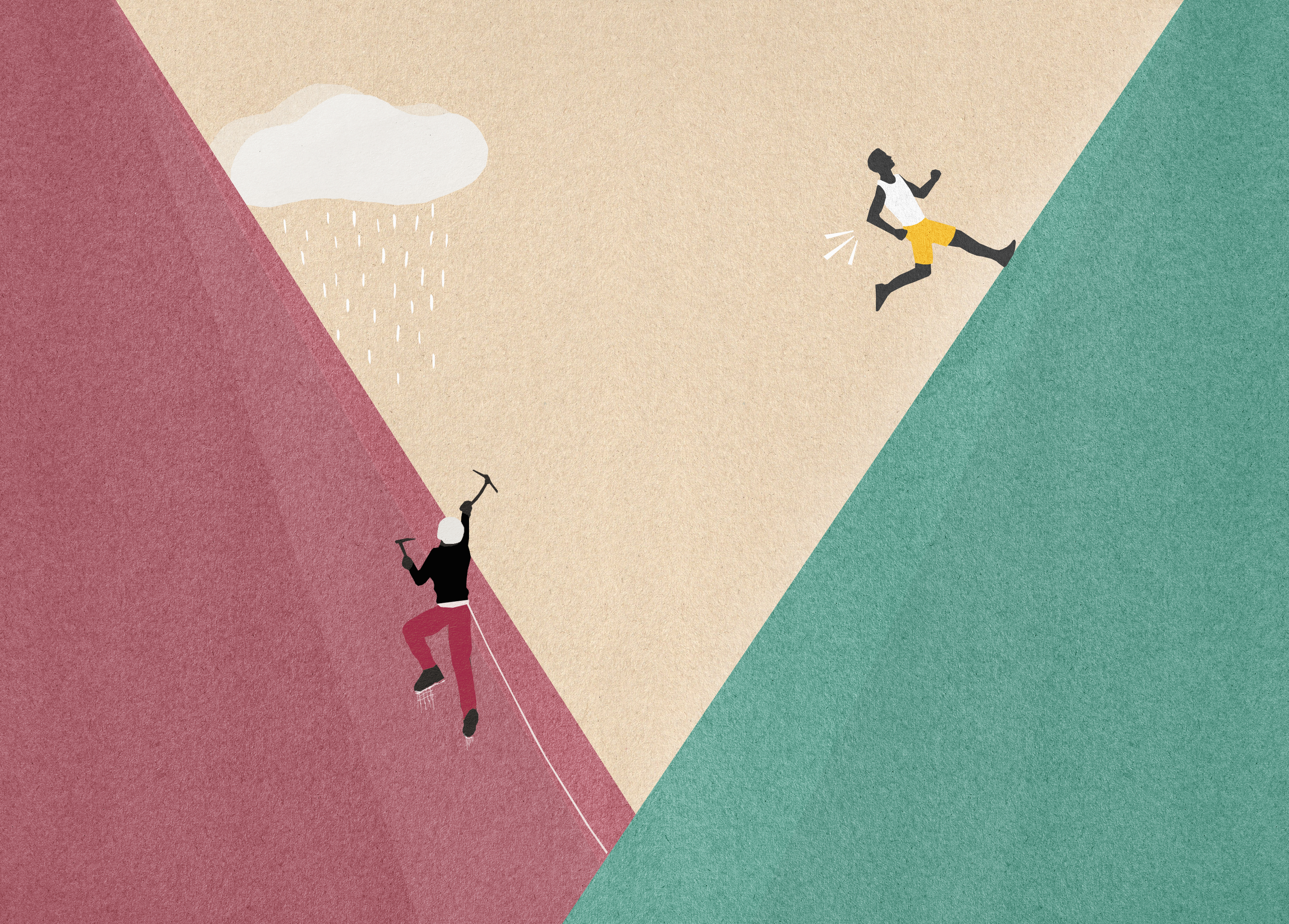 Runner ascending steep slope faster than mountain climber