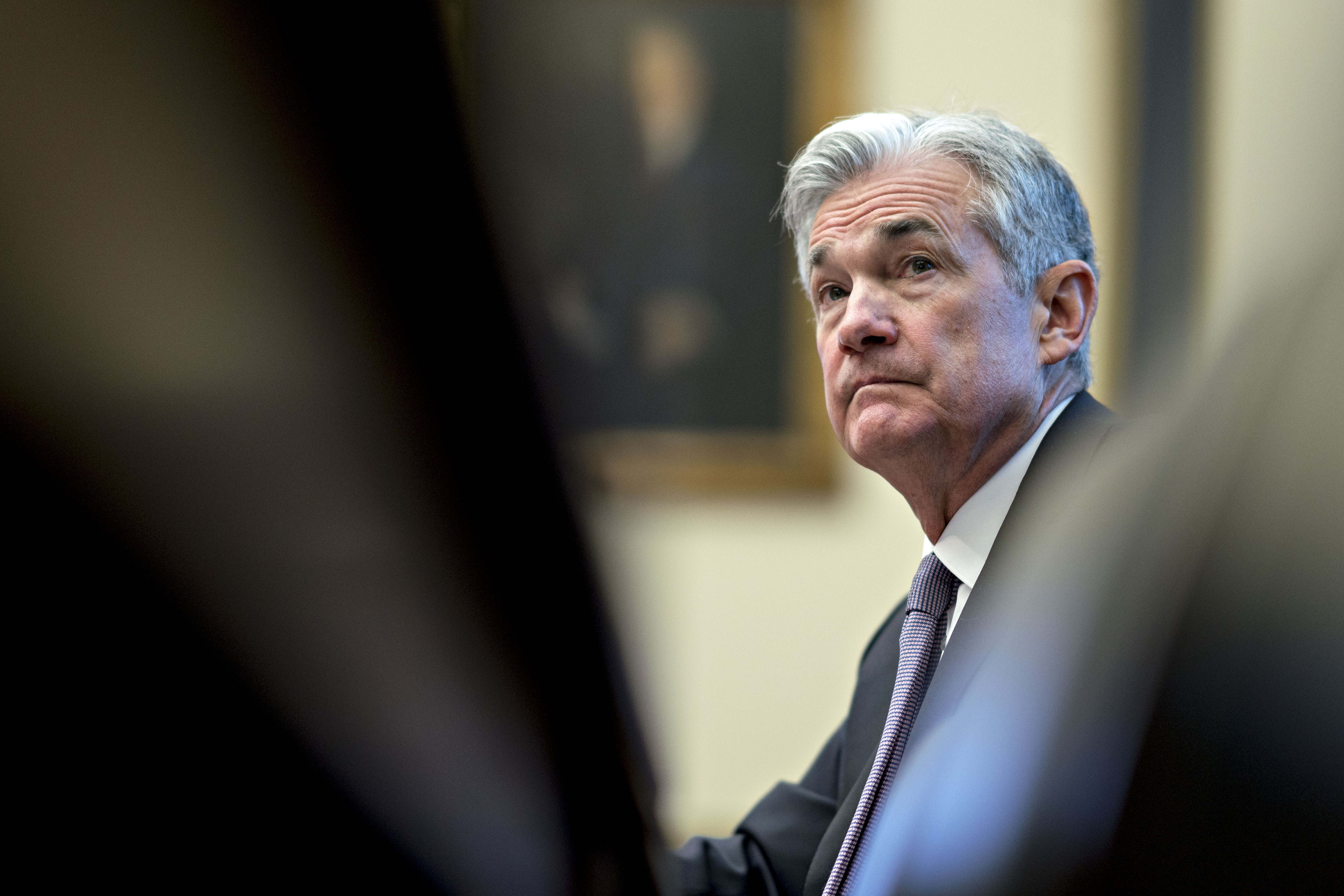Jerome Powell, chairman of the U.S. Federal Reserve, listens during a House Financial Services Committee hearing in Washington, D.C., U.S., on Tuesday, Feb. 27, 2018.