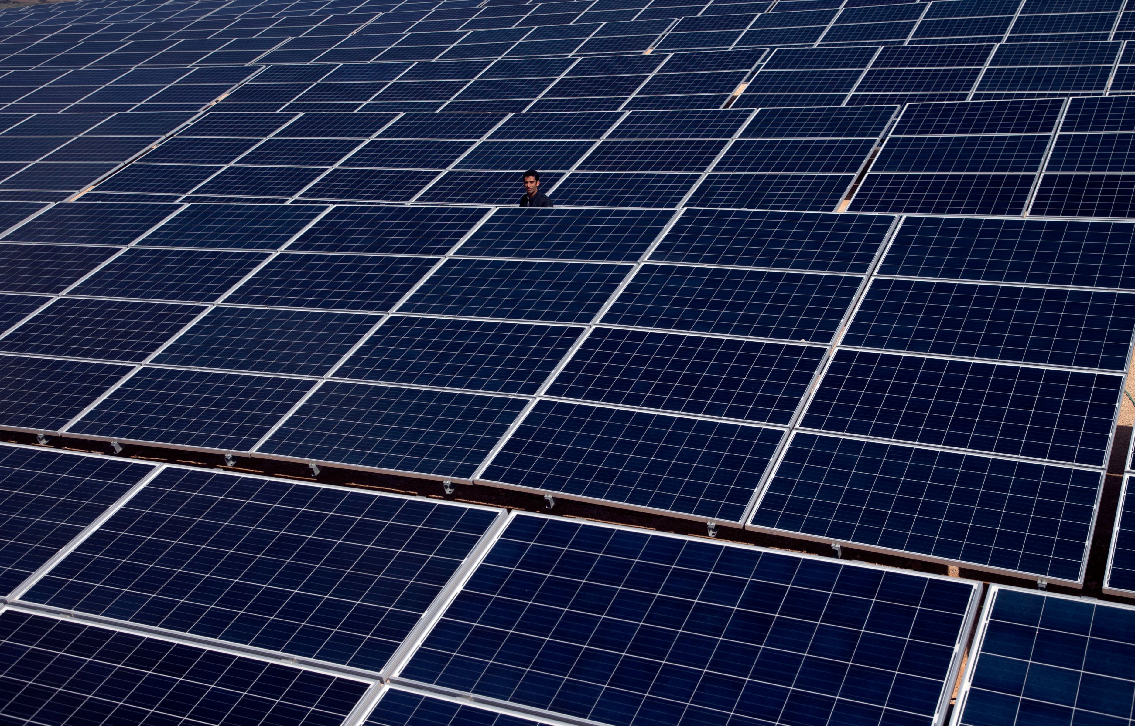 A man stand among rows of solar power panels