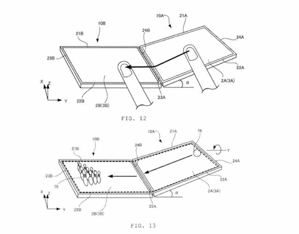 Nintendo multiscreen game system. An image from Nintendo's newest patent application, describing a game system using multiple, wirelessly-linked touchscreens. US Patent Office/Nintendo