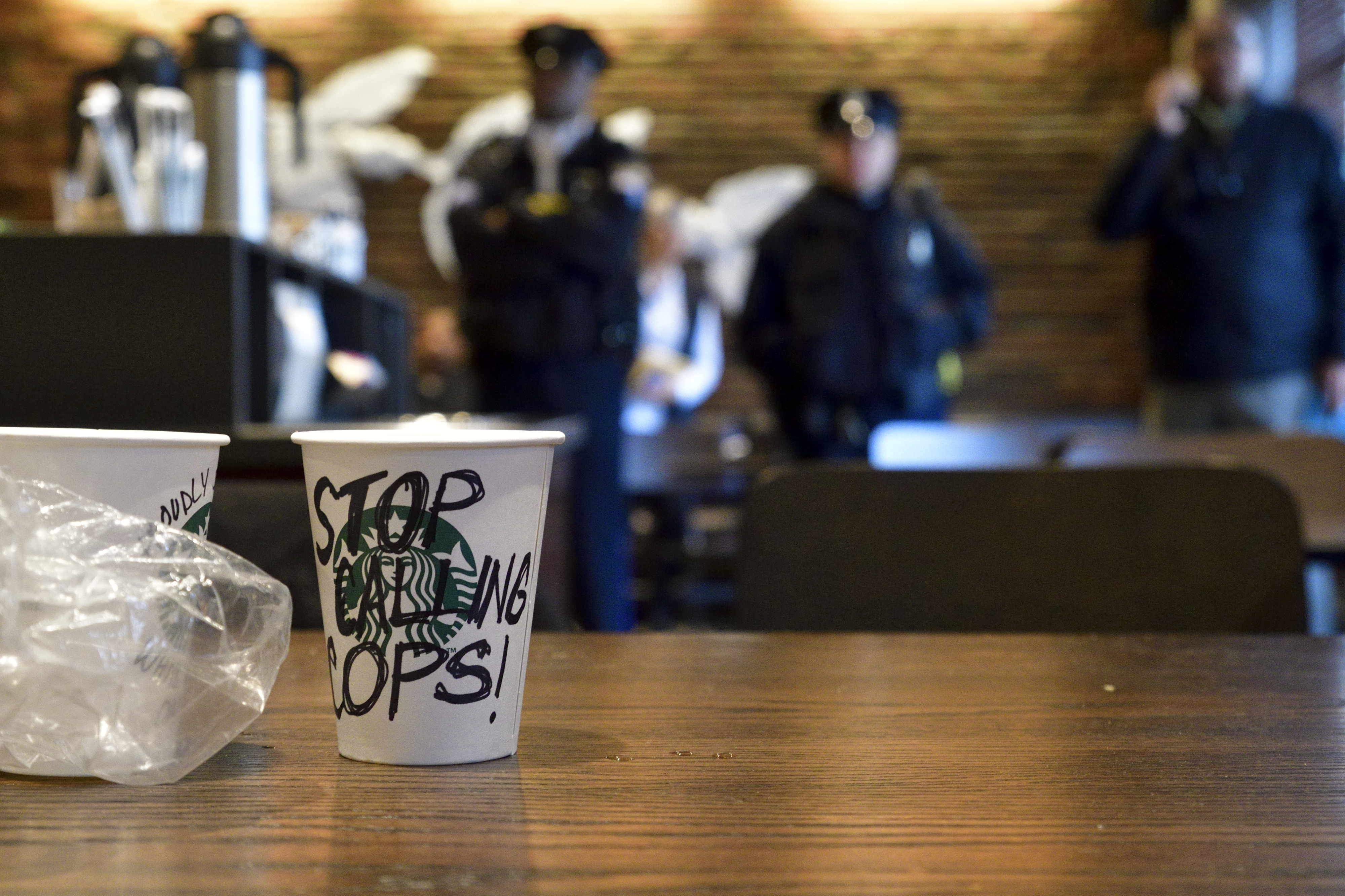 Protest cup with "Stop Calling Cops" written on it at the Starbucks location in Philadelphia where two black men were arrested.