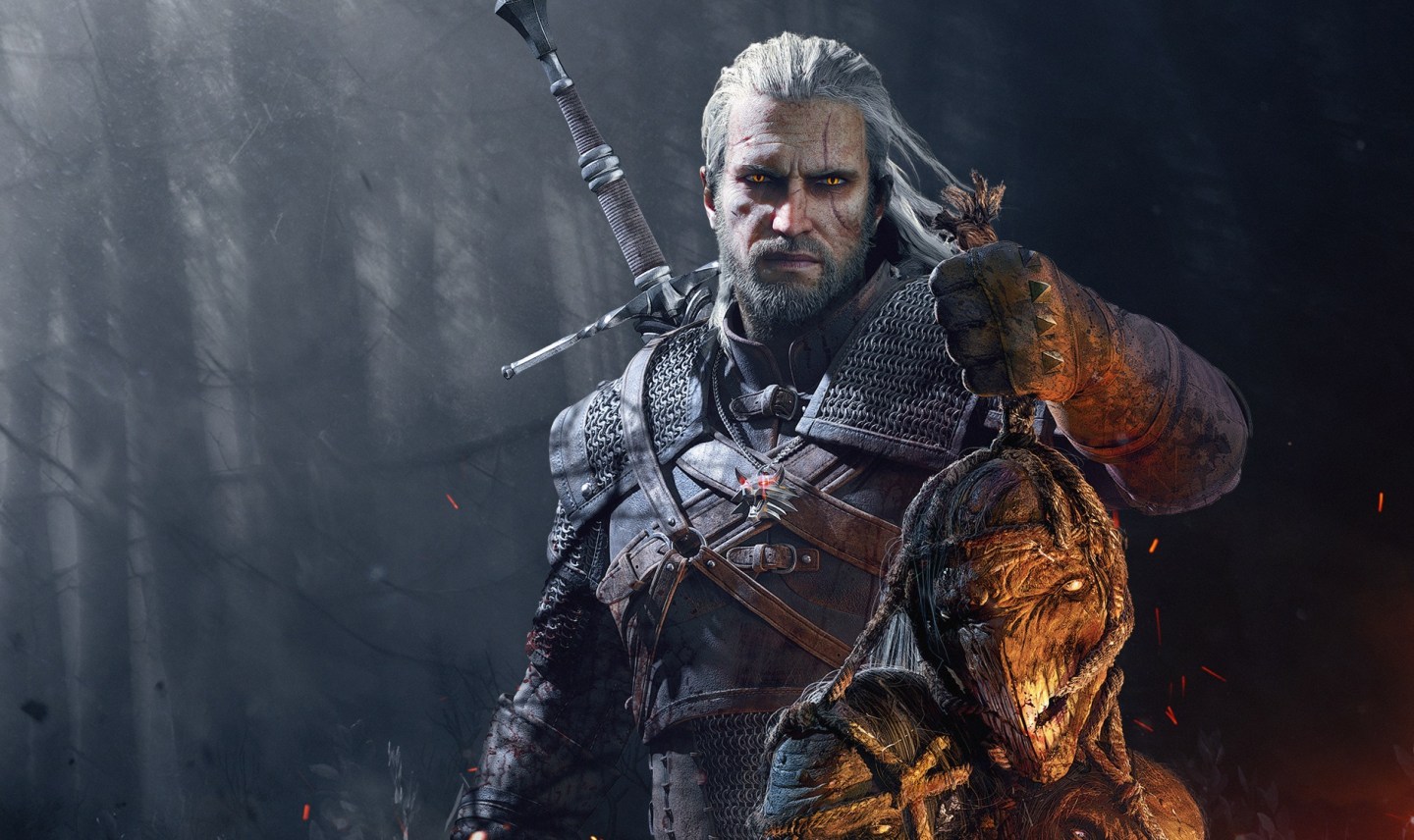 Geralt of Rivia of The Witcher Holding Trophies