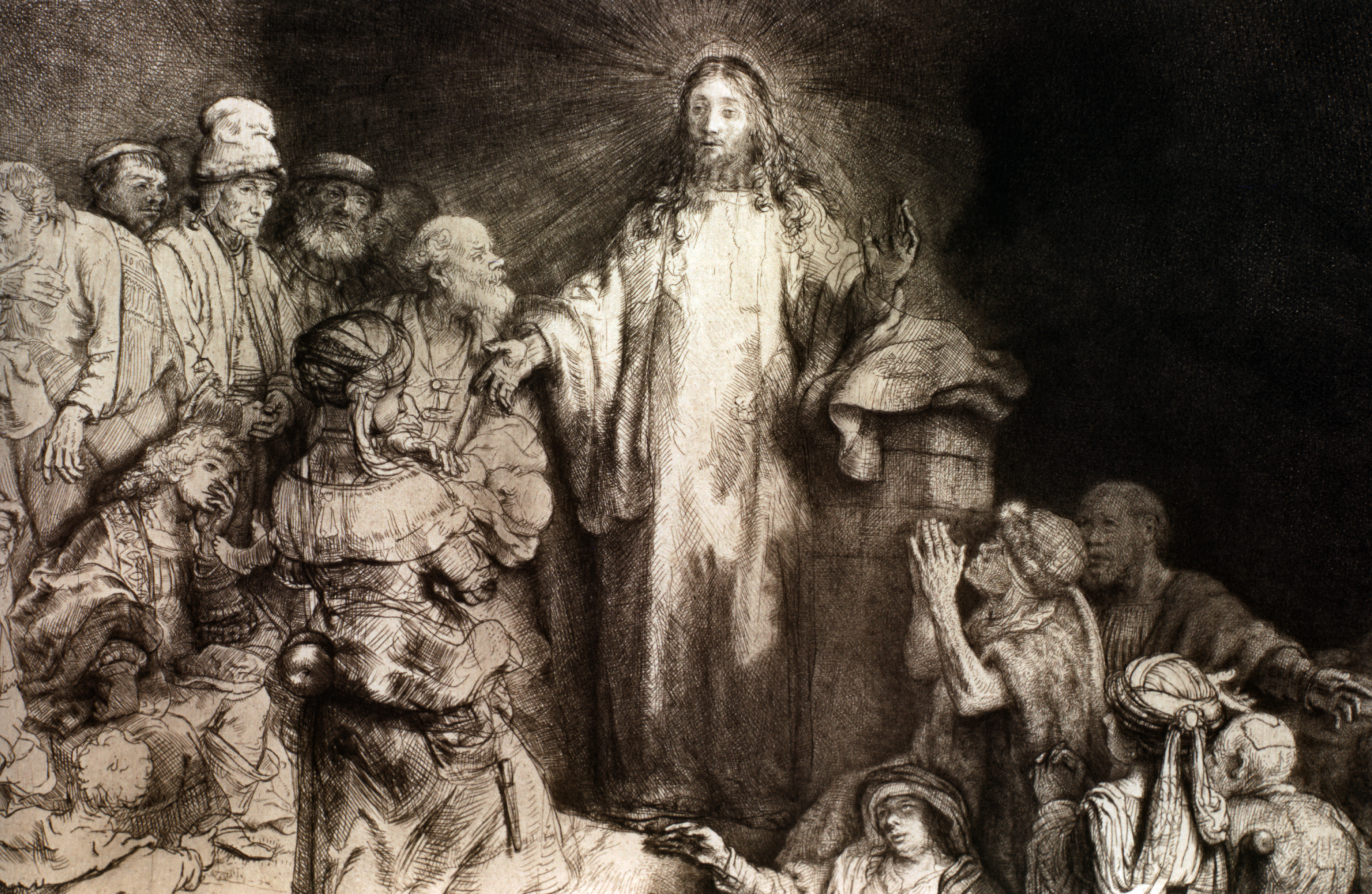 Jesus Christ heals the sick in this painting by Rembrandt Harmensz van Rijn.