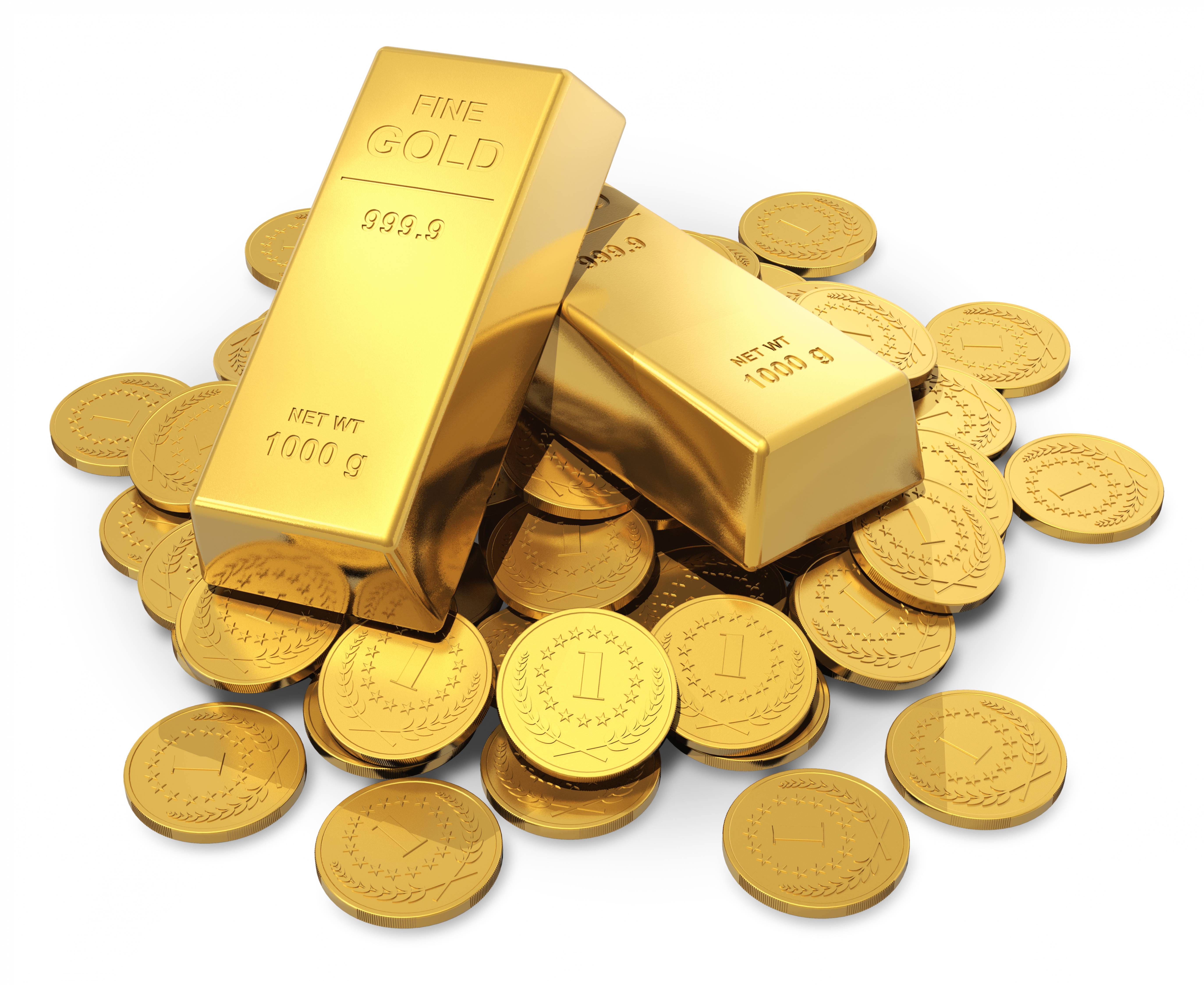 Pile of 24K gold ingots and coins