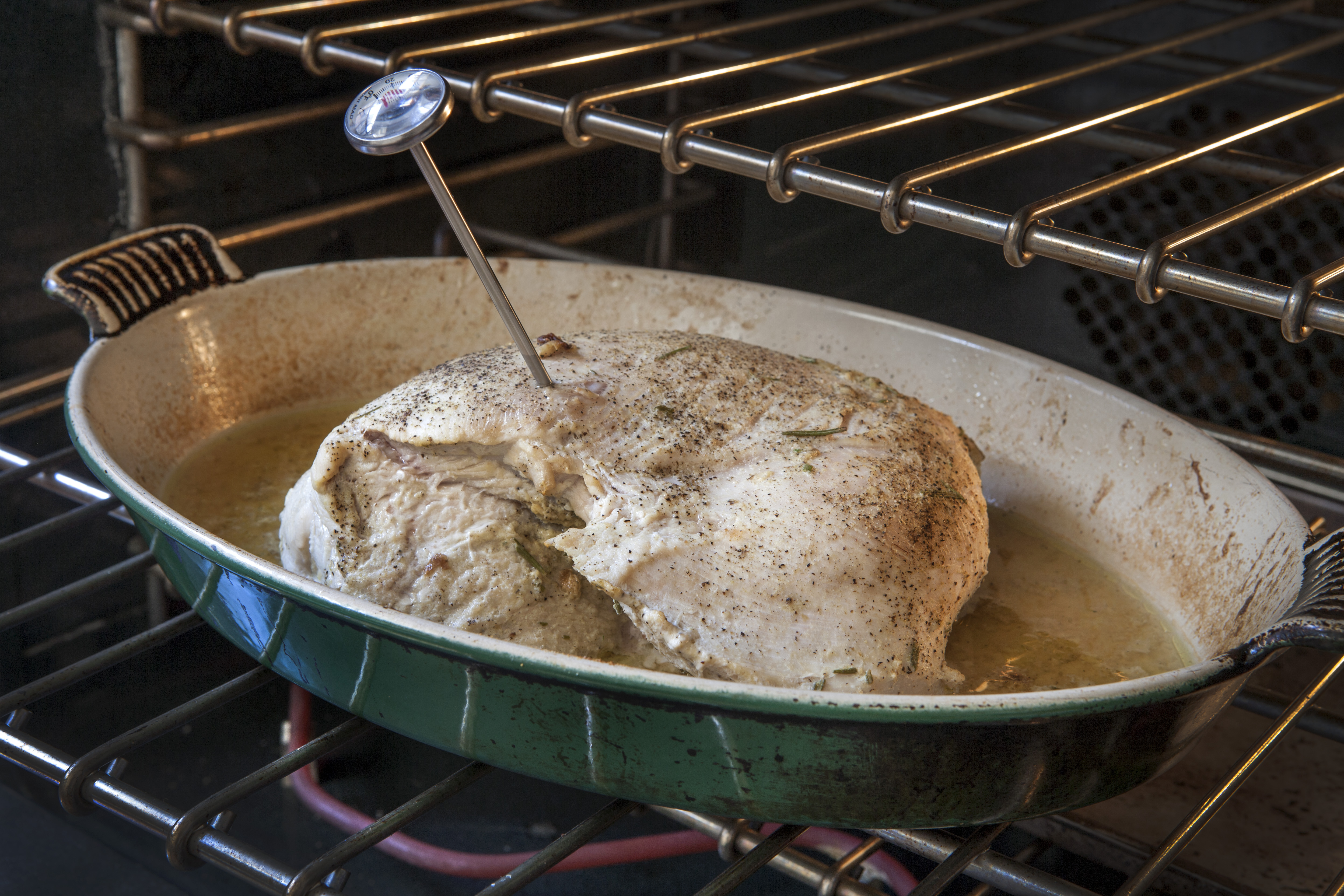 Turkey Breast with Cooking Thermometer in Oven