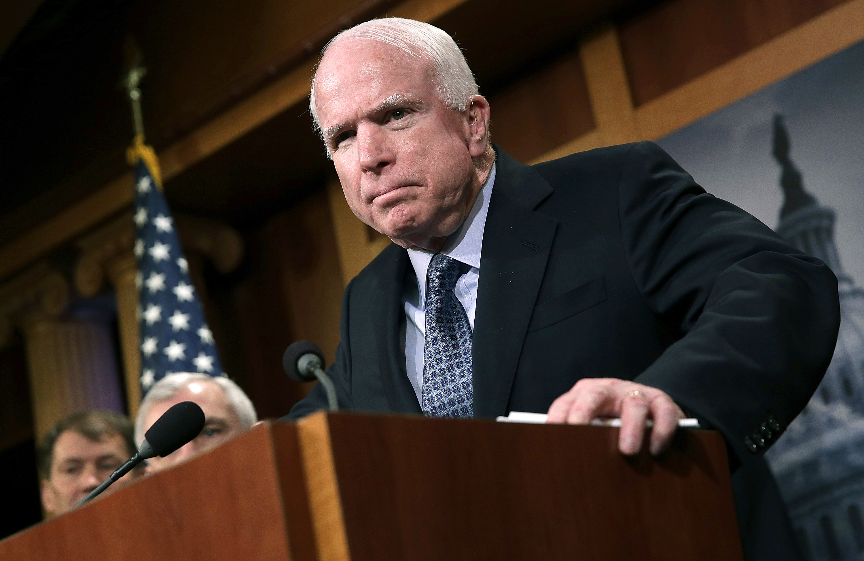 Sen. John McCain speaks during a press conference at the U.S. Capitol on February 5, 2015, in Washington, D.C.