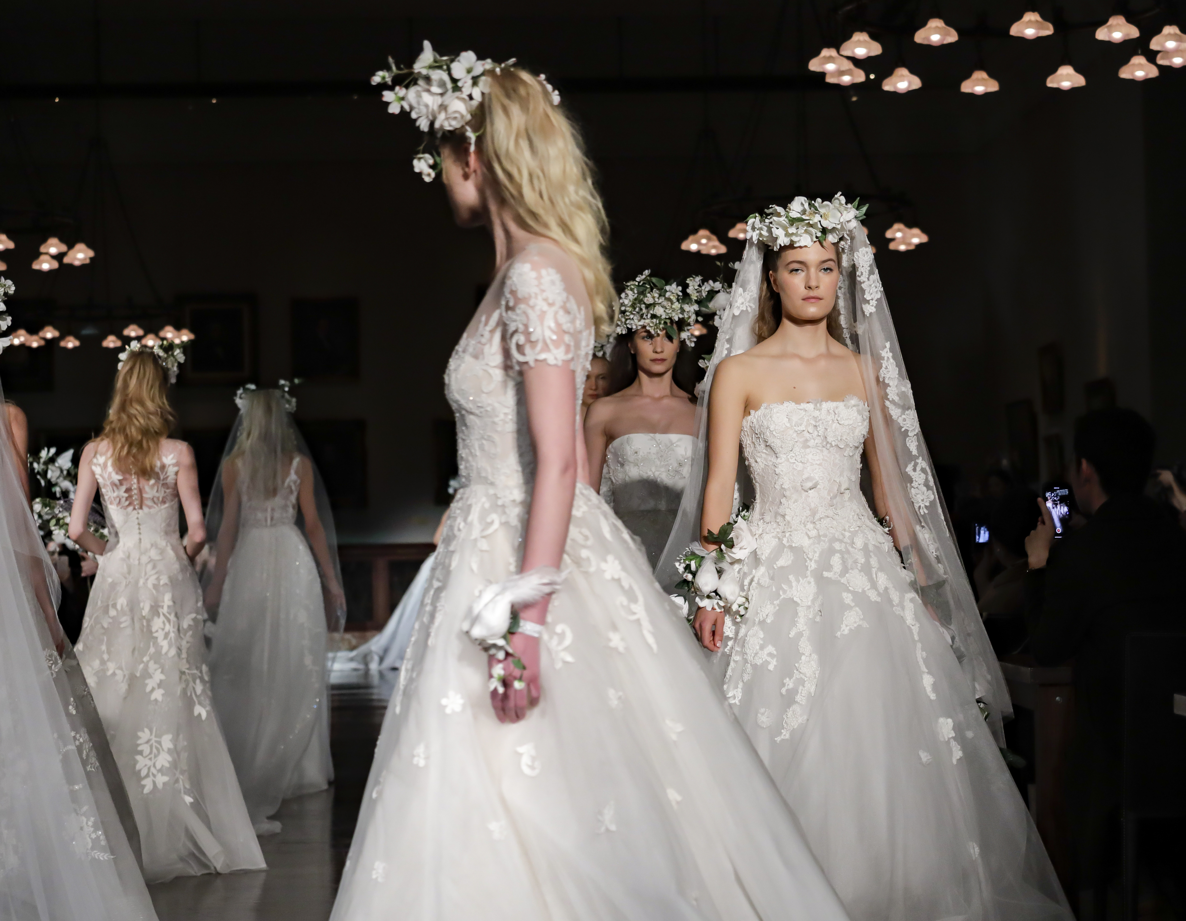 Models walk runway for Reem Acra Bridal Spring/Summer 2019