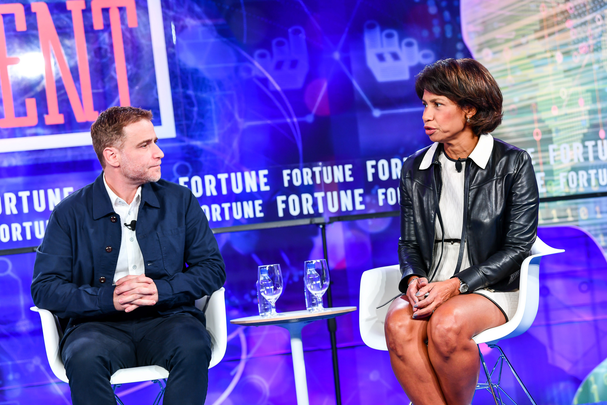 Stewart Butterfield, co-founder and CEO of Slack, and Edith Cooper, former global head of human capital management at Goldman Sachs, at the Fortune Brainstorm Reinvent conference in Chicago on Sept. 24, 2018.