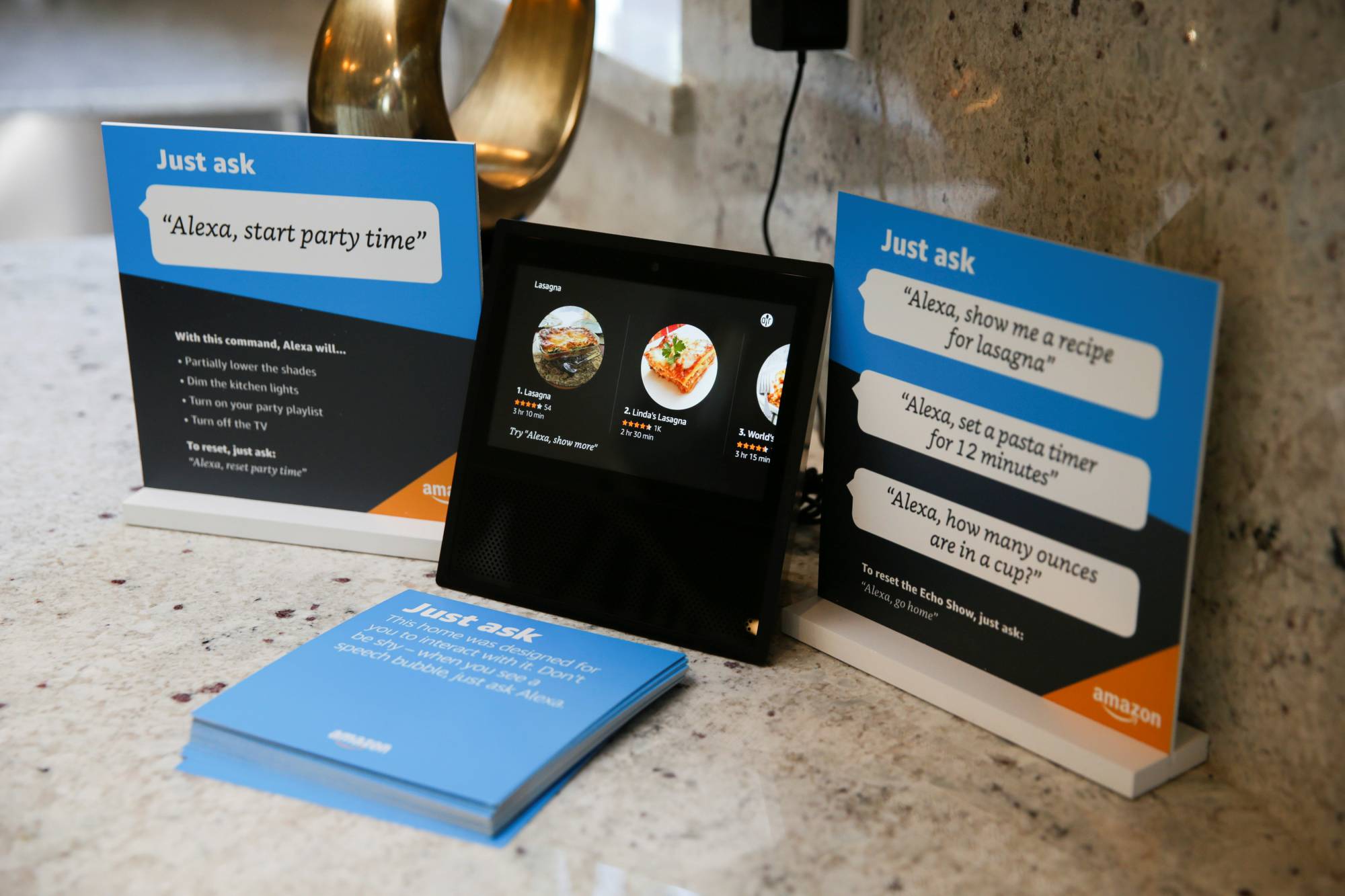 Recipes for Lasagna are seen on an Amazon Echo Show in an Amazon experience center in Vallejo