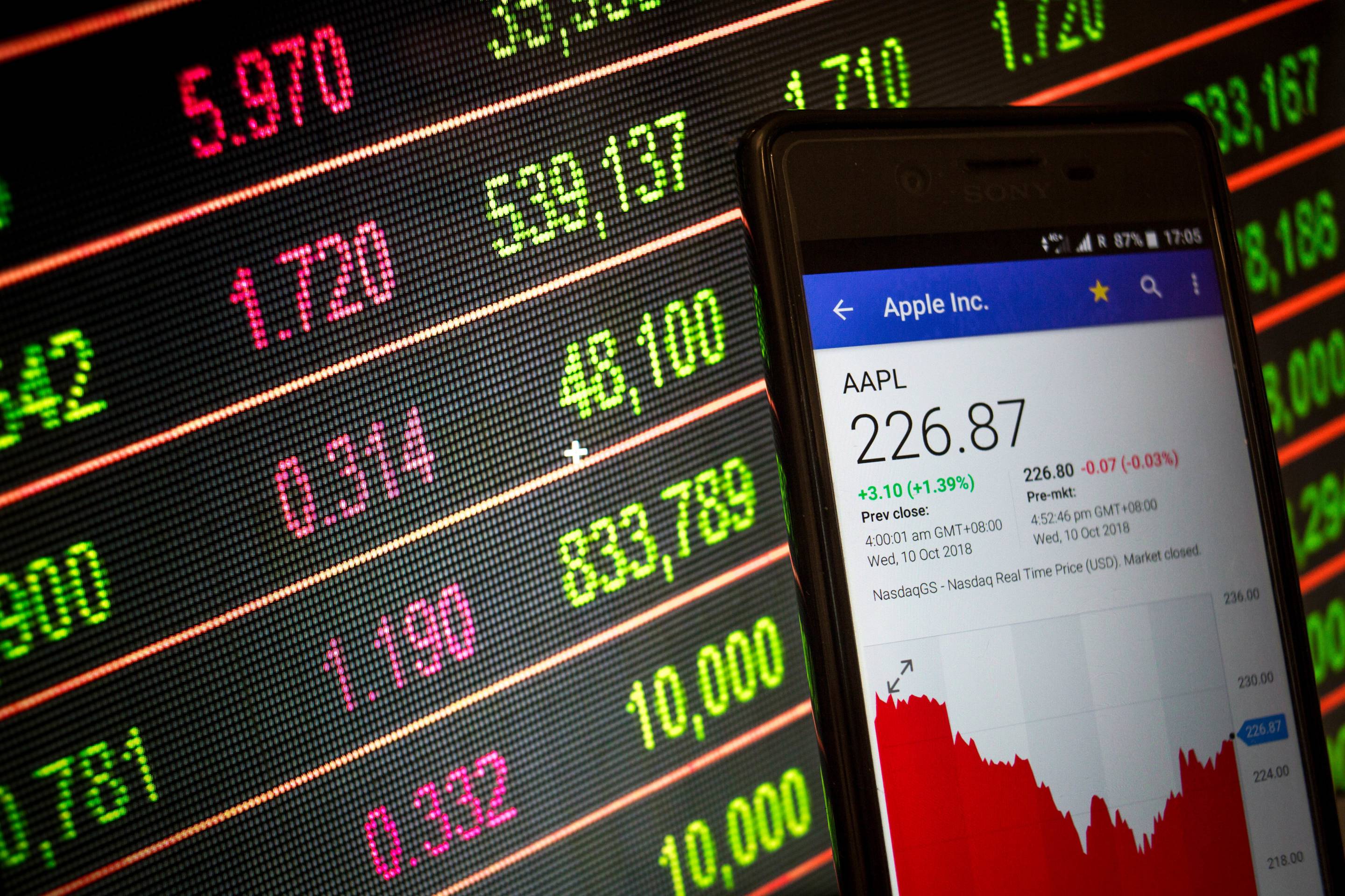 A smartphone displays the Apple Inc. market value on the