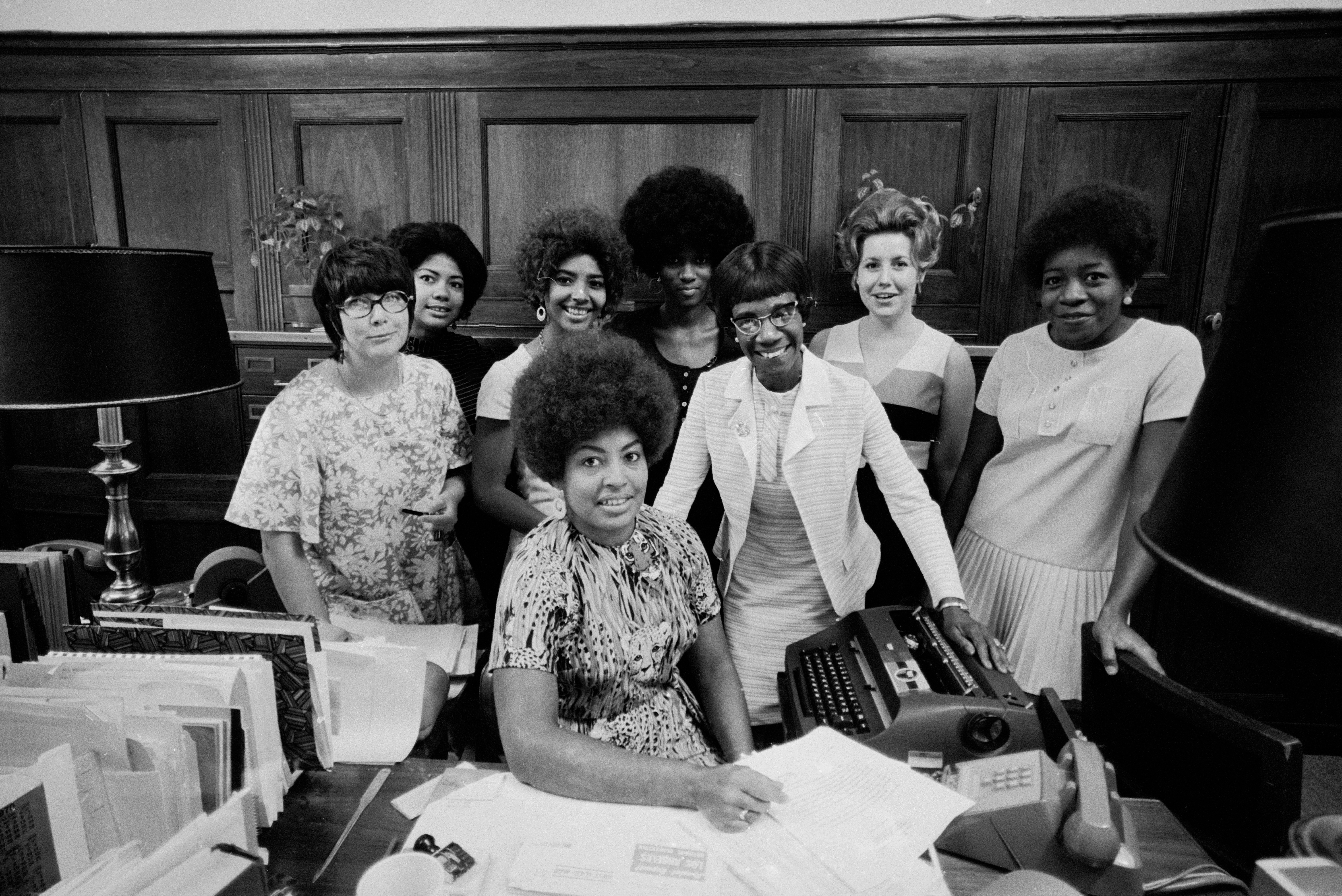 Congresswoman Shirley Chisholm (C, w. glasses) and her staff, 1970
