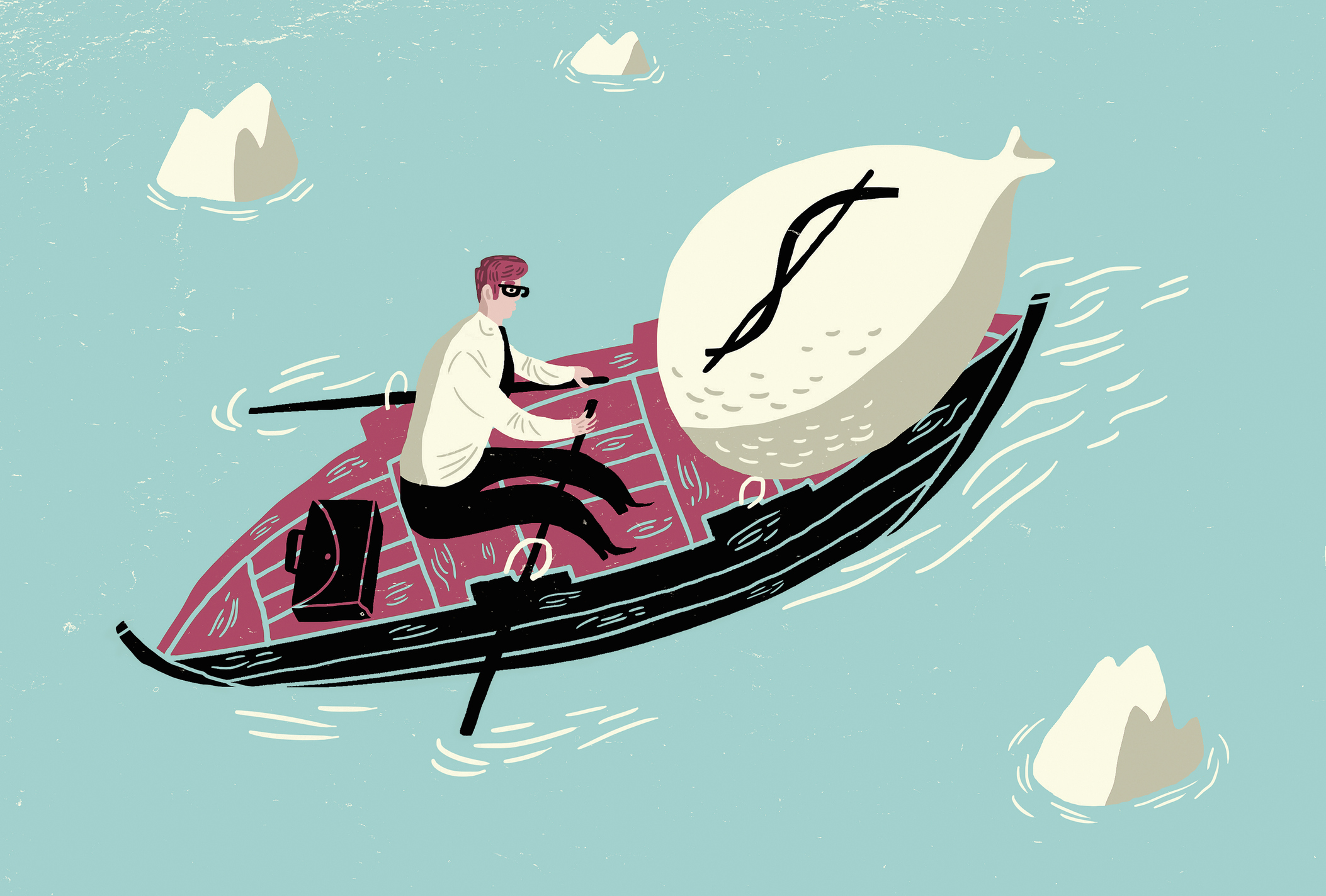 Businessman with large dollar money bag in rowing boat