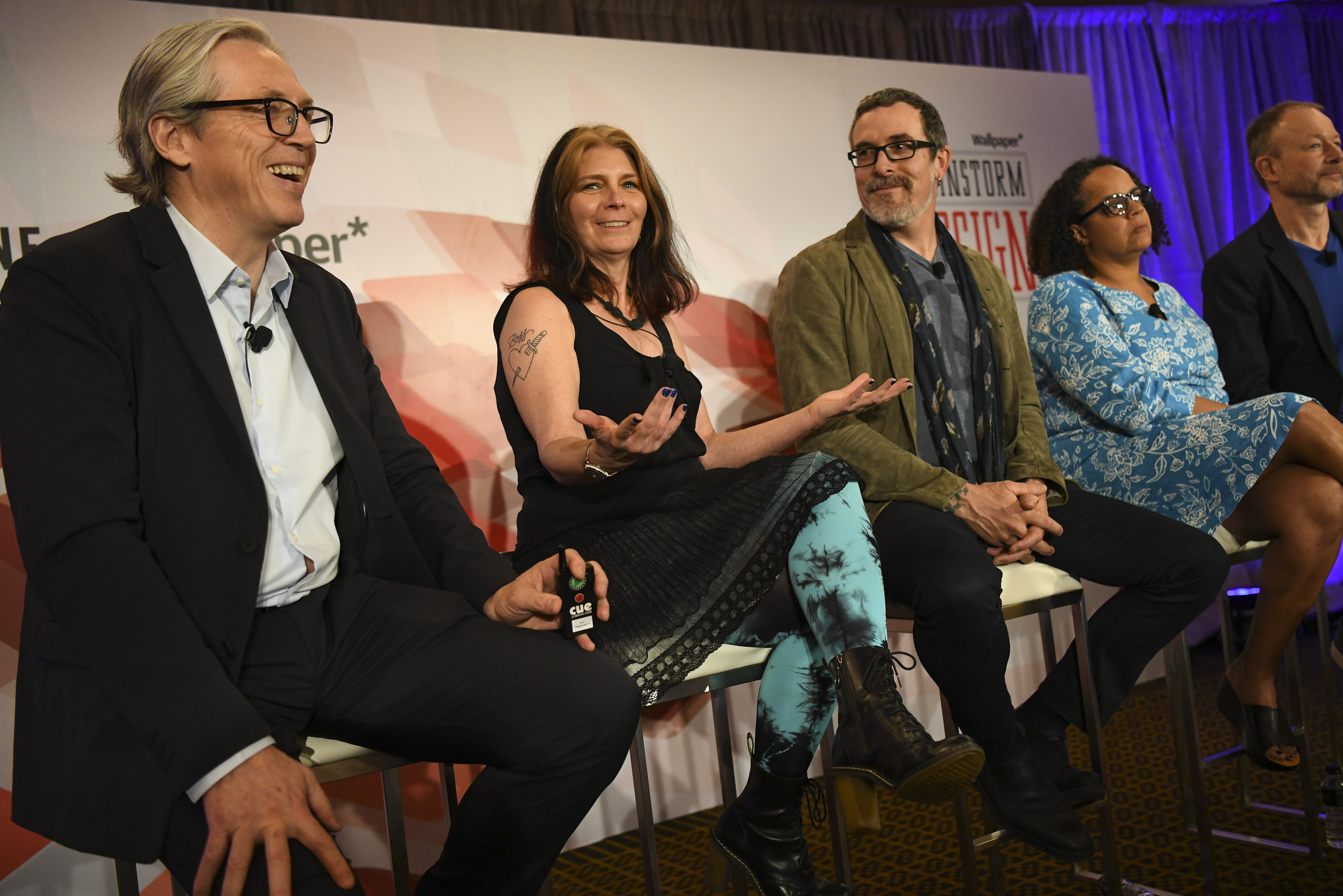 Fortune's Clay Chandler with author Maria Giudice, Justin Maguire of Salesforce, Nalini Kotamraju of Salesforce, and Harry West of Invisible Design at the 2019 Fortune Brainstorm Design conference in Singapore.