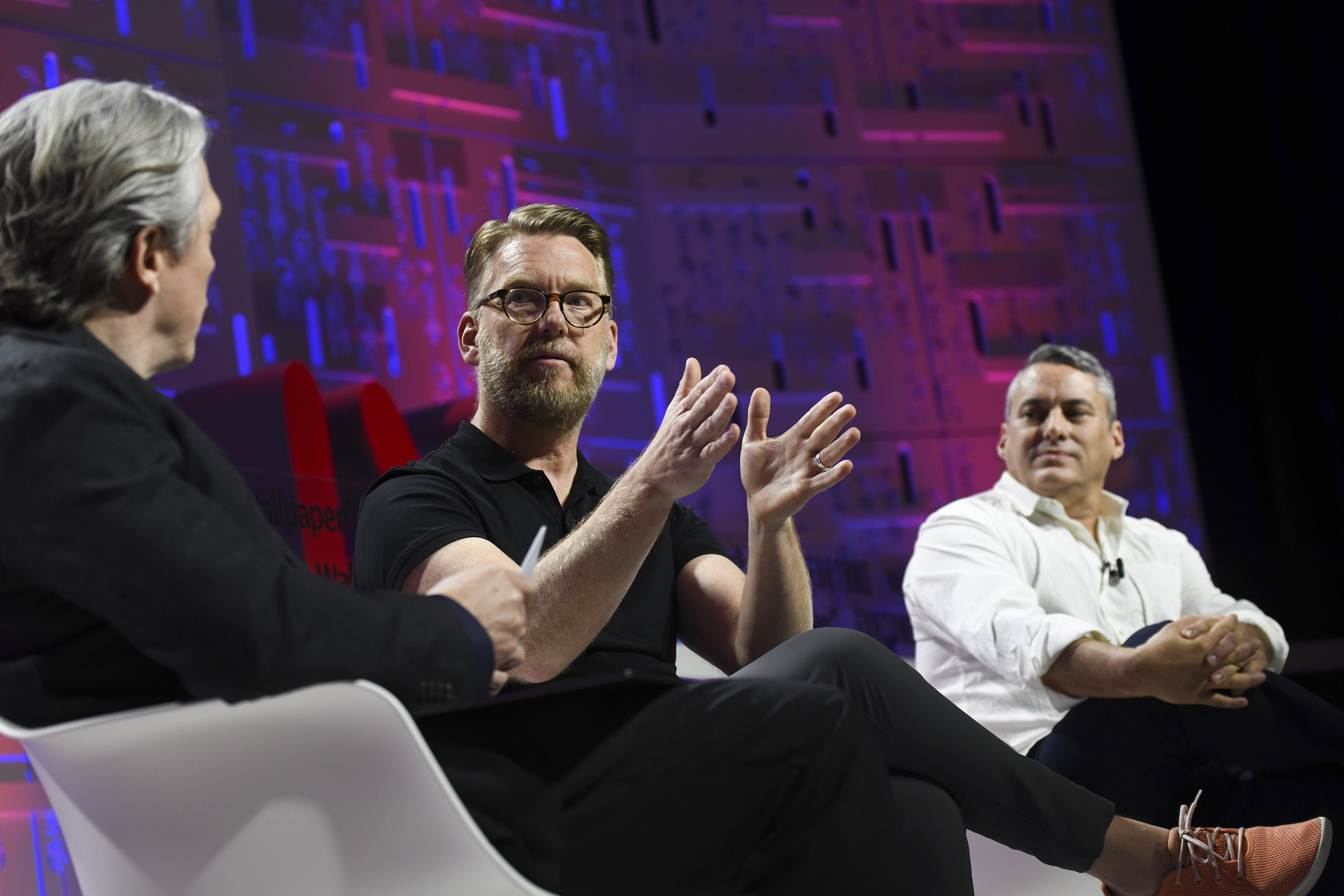 Doug Powell of IBM (middle) and Nathan Shedroff of Seed Vault (right) with Clay Chandler of Fortune at the 2019 Fortune Brainstorm Design conference in Singapore.