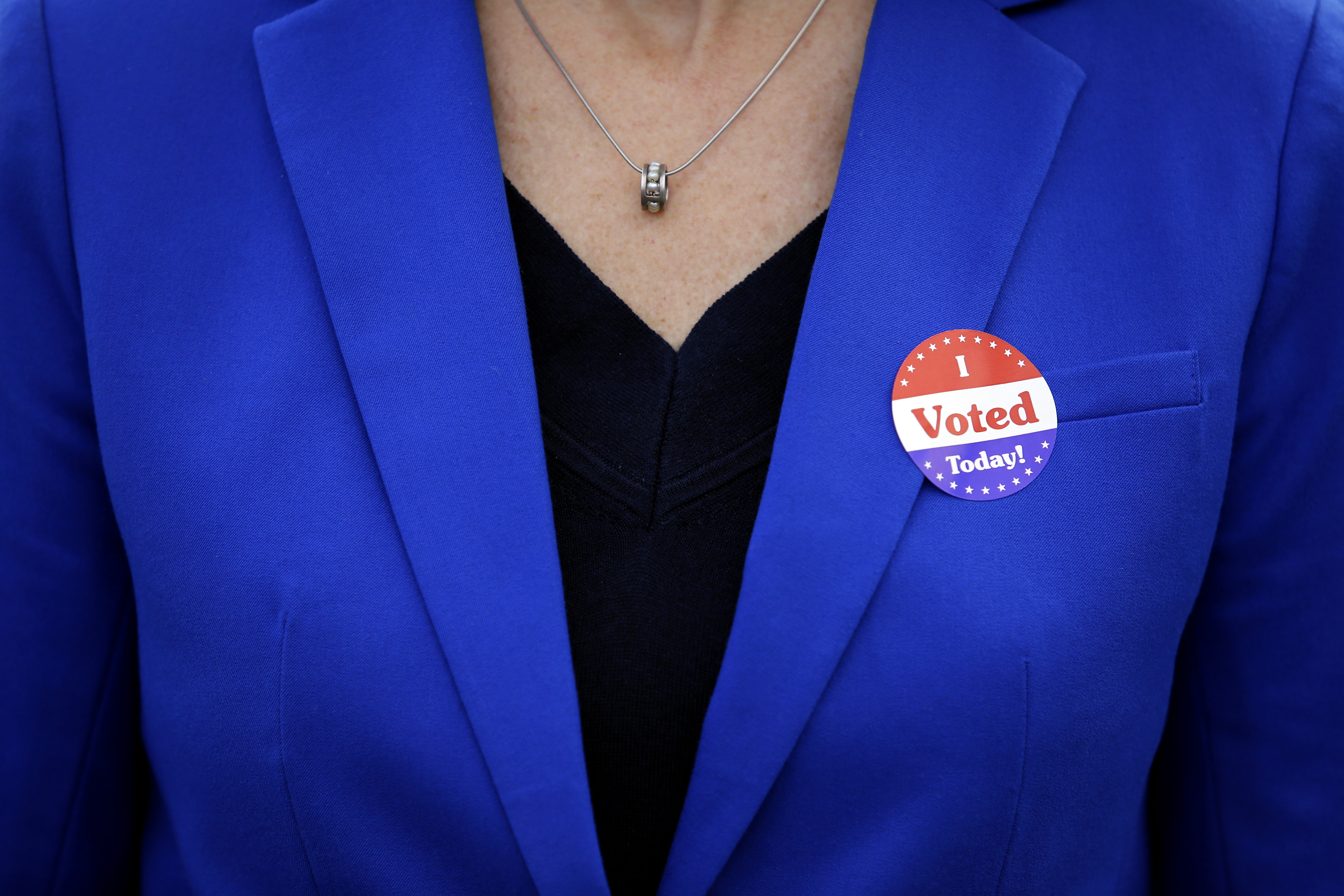 WEST DES MOINES, IA - NOVEMBER 06: Democratic candidate for Iowas 3rd Congressional District Cindy Axne wears a sticker after voting on November 6, 2018 in West Des Moines, Iowa. Axne will challenge Republican incumbent David Young in today's midterm election. (Photo by Joshua Lott/Getty Images)