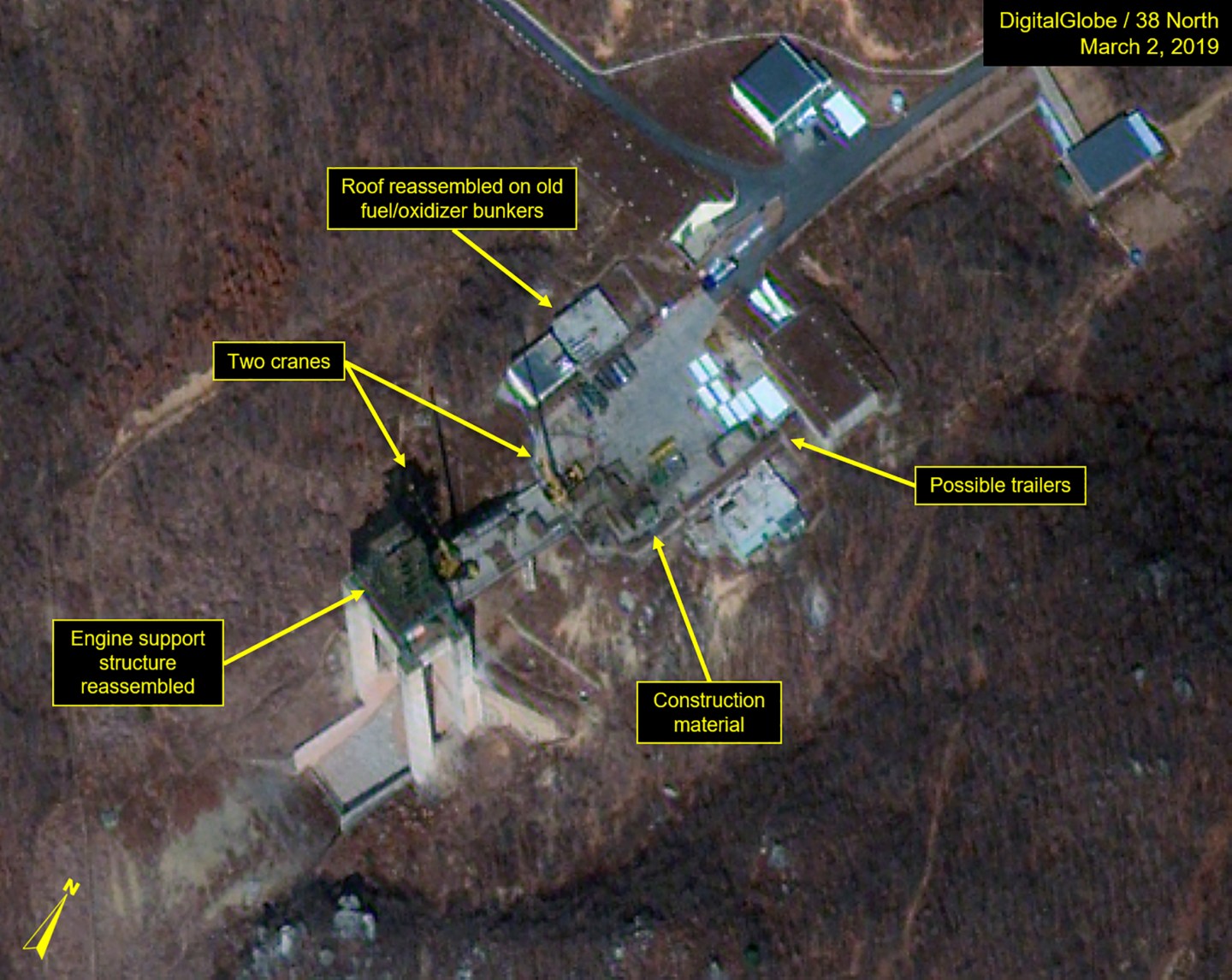 SOHAE SATELLITE LAUNCH PAD, NORTH KOREA - MARCH 2, 2018:  Figure 2. Engine support structure of the engine test stand is being reassembled.