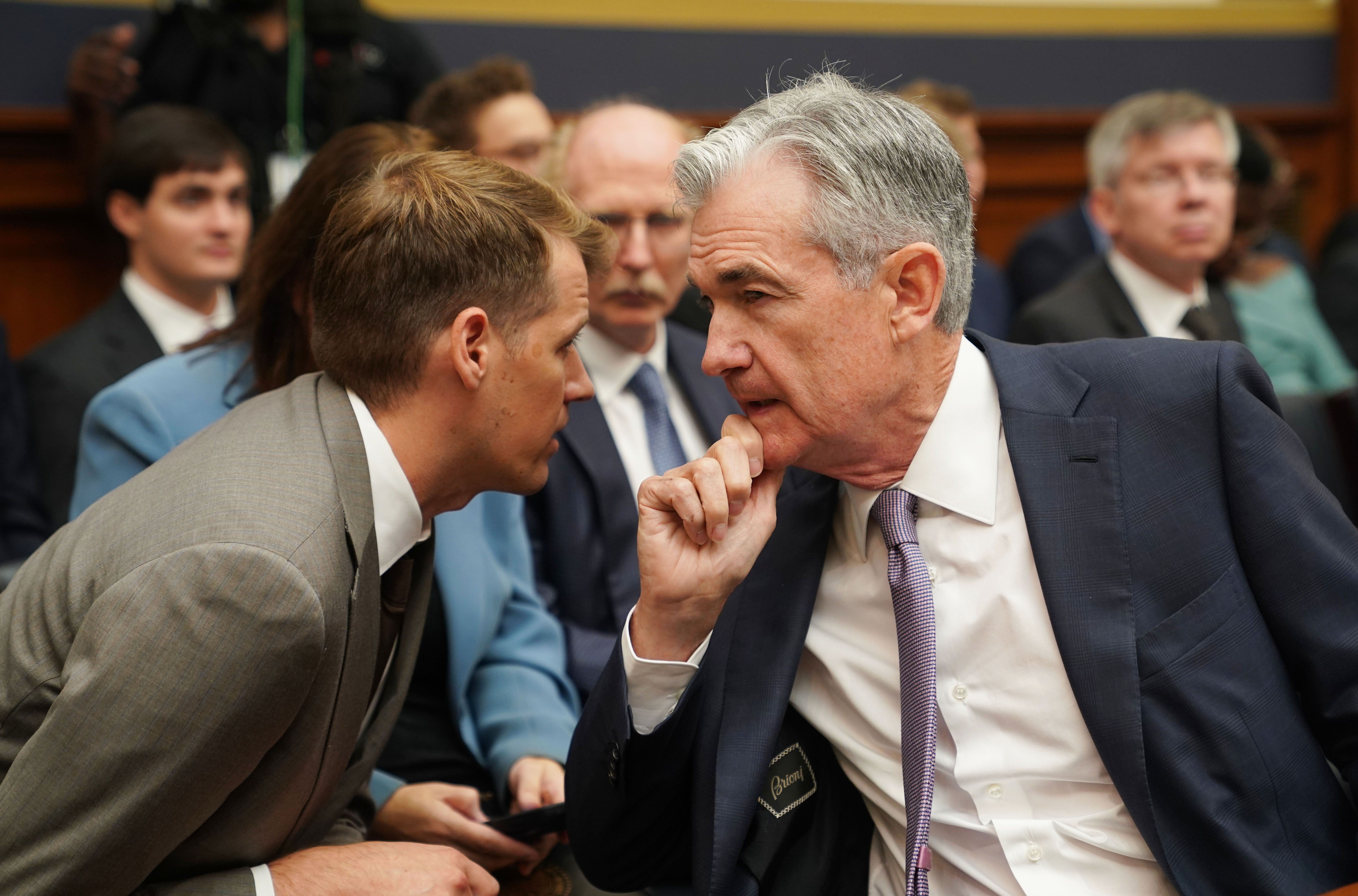 WASHINGTON, July 10, 2019 -- U.S. Federal Reserve Chairman Jerome Powell R prepares to testify before the House Financial Services Committee on the state of the U.S. economy, on Capitol Hill in Washington D.C., the United States, on July 10, 2019. Jerome Powell said Wednesday that crosscurrents such as trade tensions and concerns about global growth have been weighing on the U.S. economic activity and outlook. (Photo by Liu Jie/Xinhua via Getty) (Xinhua/Liu Jie via Getty Images)