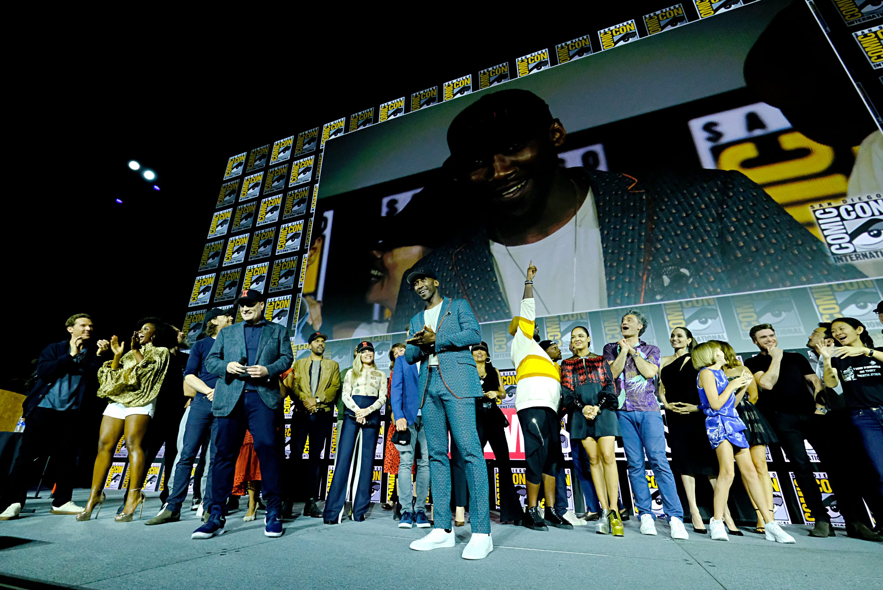 SAN DIEGO, CALIFORNIA - JULY 20: Mahershala Ali (C) of Marvel Studios' 'Blade' at the San Diego Comic-Con International 2019 Marvel Studios Panel in Hall H on July 20, 2019 in San Diego, California. (Photo by Alberto E. Rodriguez/Getty Images for Disney)