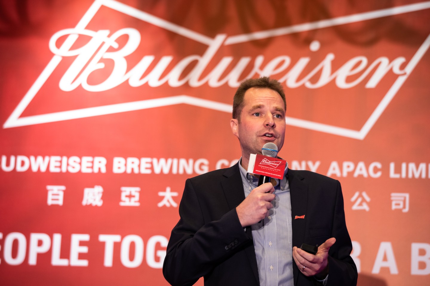 Jan Craps, chief executive officer of Budweiser Brewing Company APAC Ltd., speaks during a news conference in Hong Kong, China, on Tuesday, Sept. 17, 2019. Anheuser-Busch InBev NV is reviving the Hong Kong initial public offering of its Asian unit and is set to raise as much as $4.8 billion, roughly half of an earlier target. Photographer: Kyle Lam/Bloomberg via Getty Images