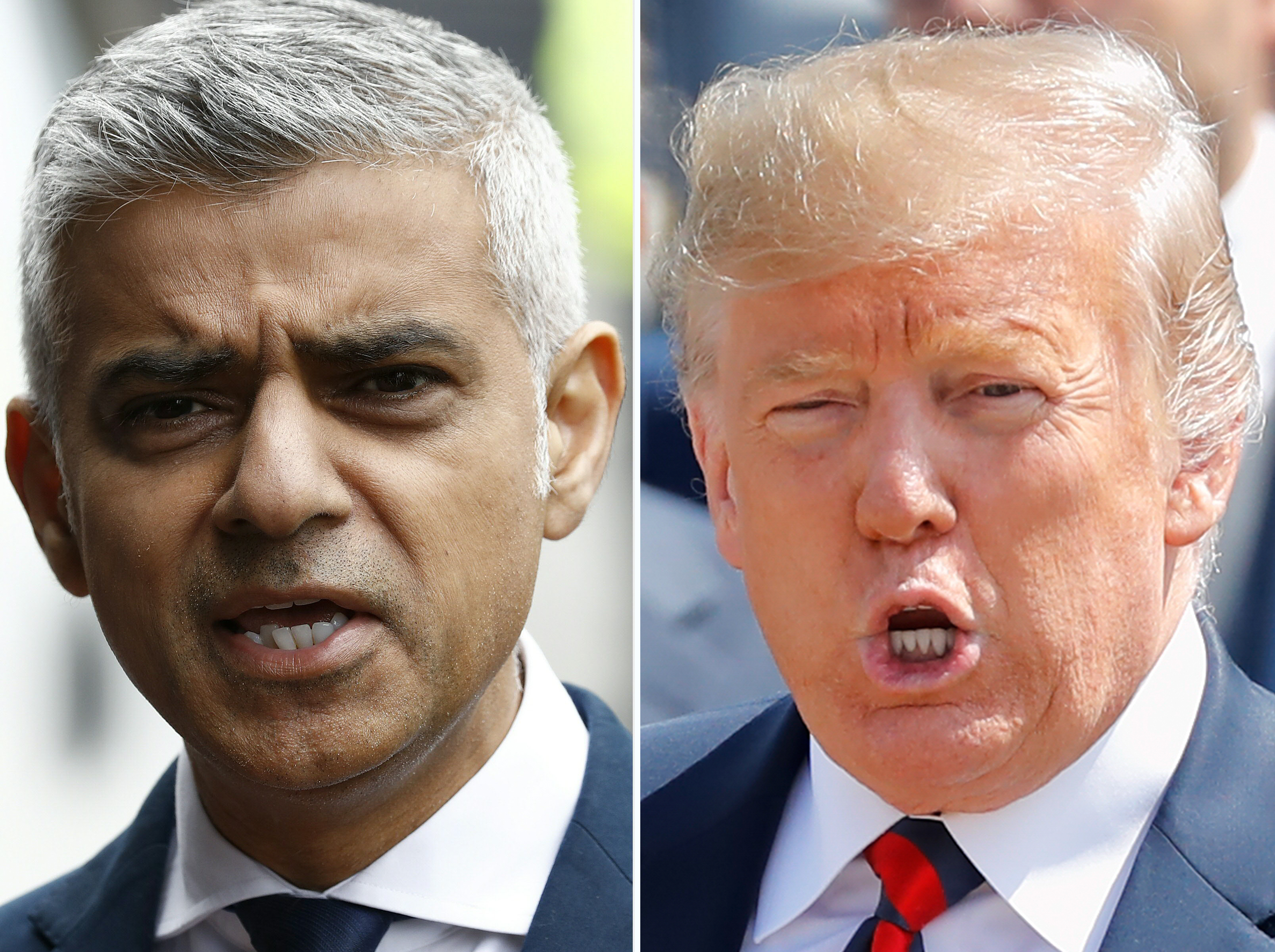 This combination of files pictures created in London on July 13, 2018 shows Mayor of London Sadiq Khan (L) after visiting Borough High Street in London on June 5, 2017 and US President Donald Trump (R) gesturing as he arrives at London Stansted Airport for a UK visit on July 12, 2018.