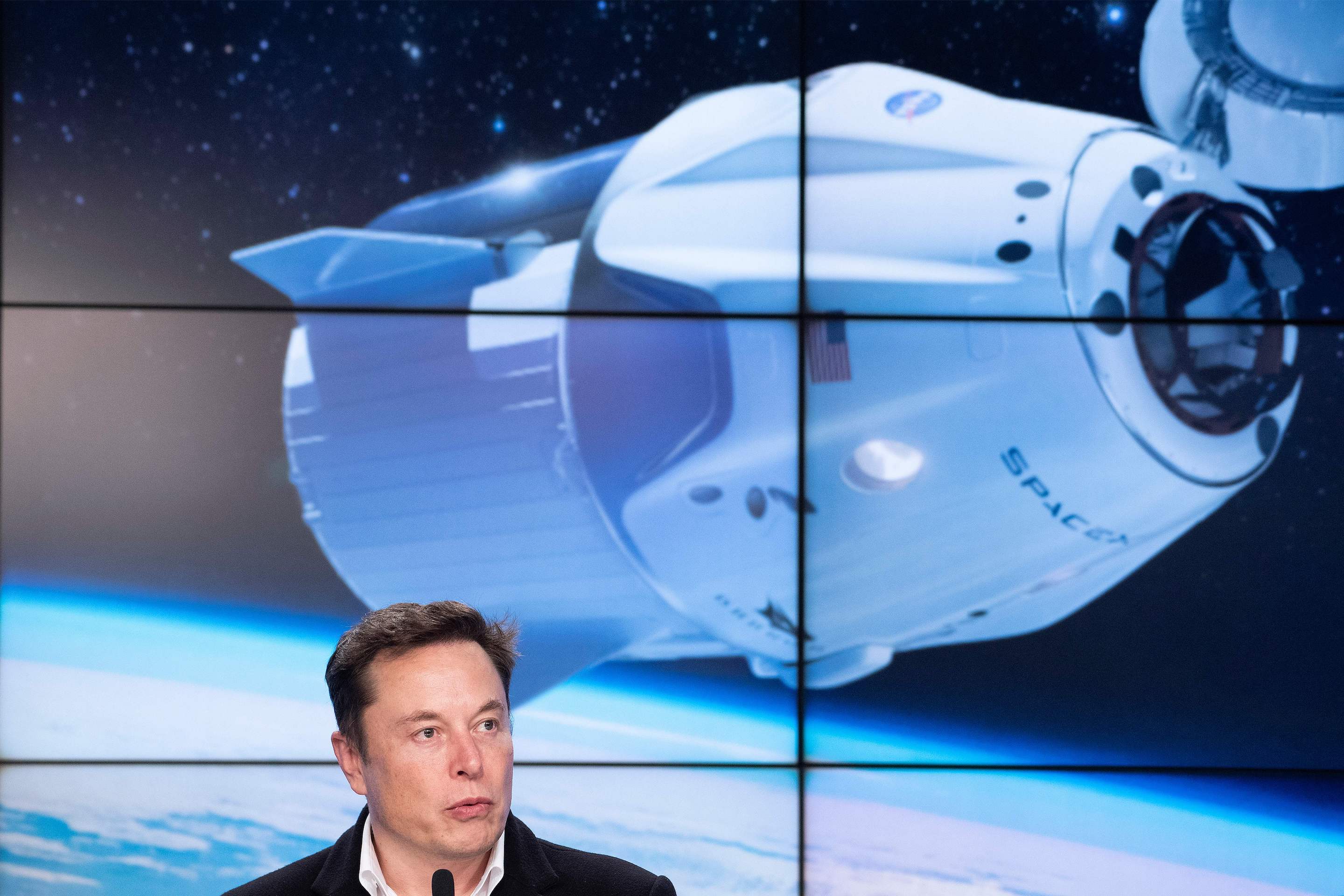 SpaceX and Tesla CEO Elon Musk at a press conference at the Kennedy Space Center in Florida on March 2, 2019