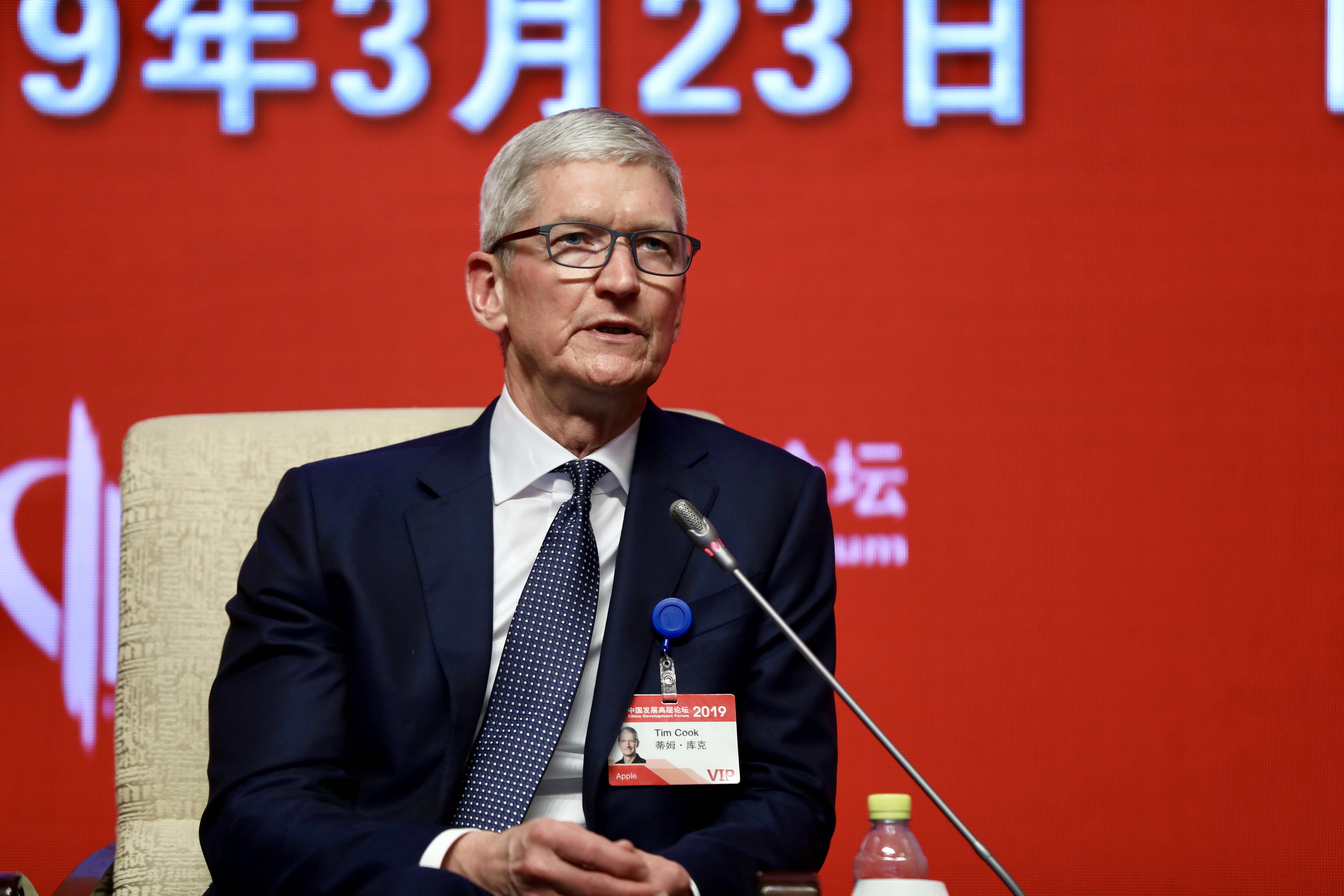 BEIJING. CHINA - MARCH 23: CEO of Apple Tim Cook attends China Development Forum 2019 at the Diaoyutai State Guesthouse on March 23, 2019 in Beijing, China. China Development Forum 2019 with 'Greater Opening-up for Win-Win Cooperation' as its theme is held from March 23 to 25 in Beijing. (Photo by Visual China Group via Getty Images/Visual China Group via Getty Images)