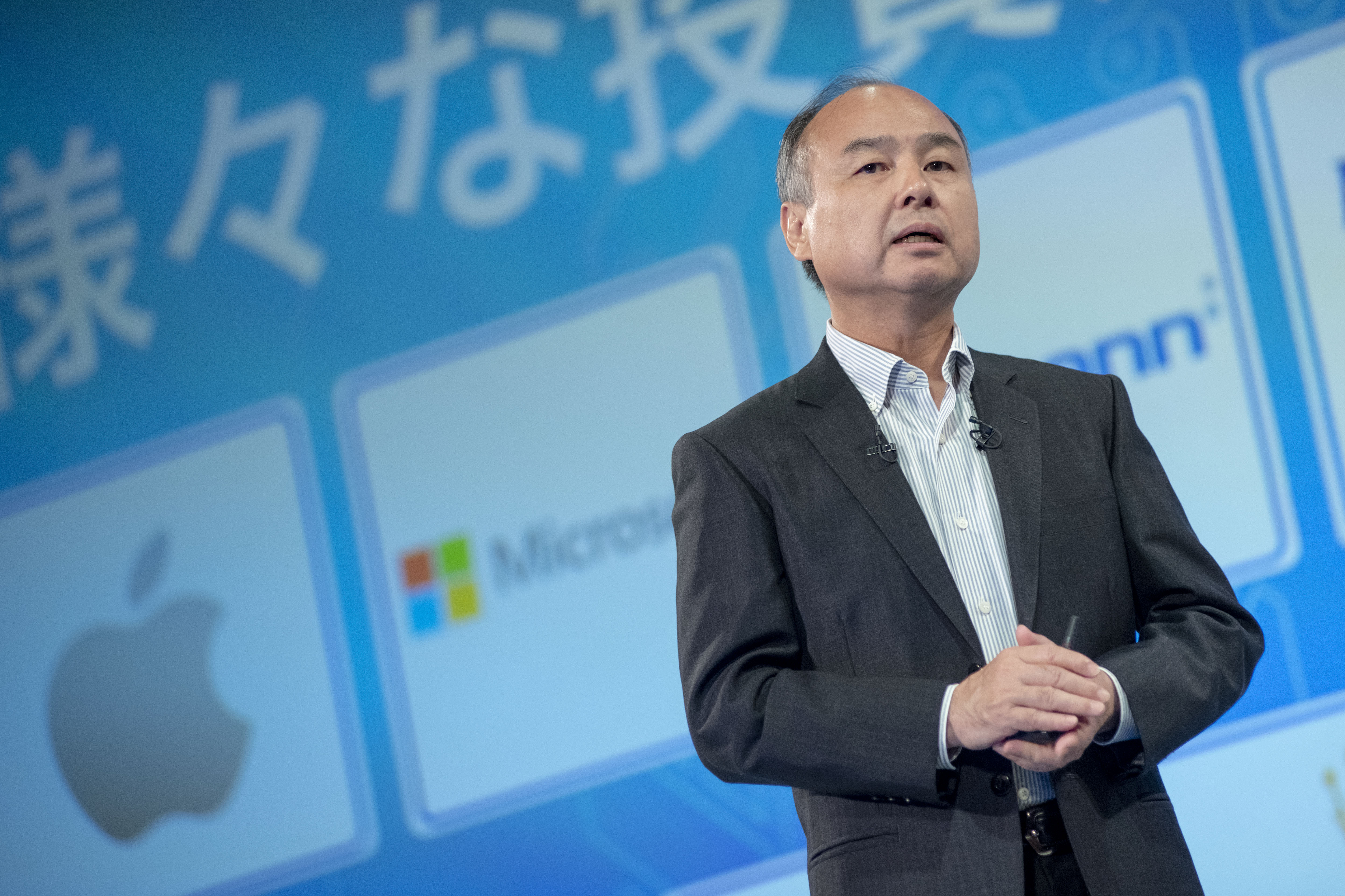 Masayoshi Son, chairman and chief executive officer of SoftBank Group Corp., speaks during a news conference in Tokyo, Japan, on Wednesday, Aug. 7, 2019. SoftBank reported first-quarter profit that beat the highest analyst estimate thanks to valuation gains from Vision Fund investments such as Slack Technologies Inc. (Photo by Alessandro Di Ciommo/NurPhoto via Getty Images)