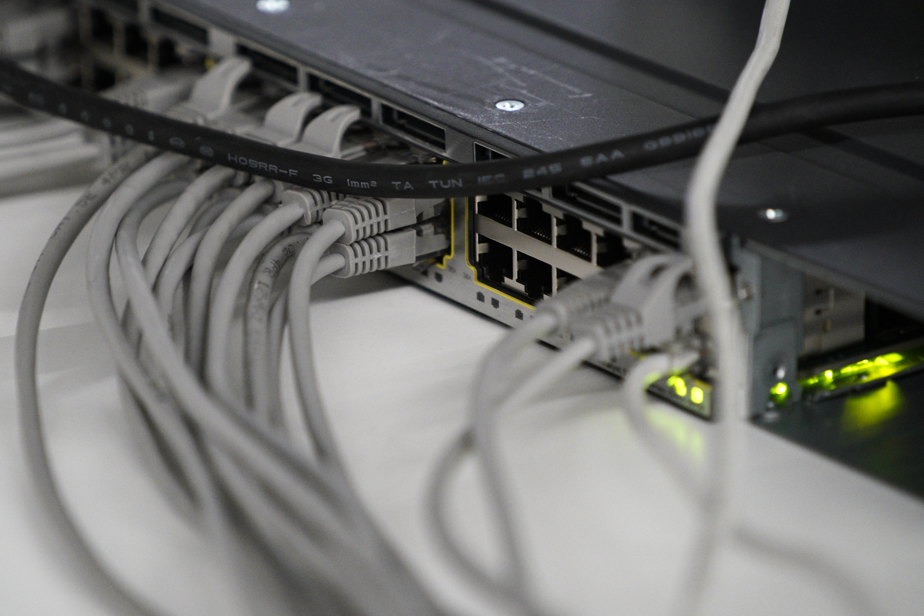 Routers with network cables are seen during the Hackyeah hackathon in Warsaw, Poland on September 18, 2019. The Hackyeah hackathon is the largest stationary hackathon in Europe with around 2500 participants taking part in an overnight hacking compeition and over 100 thousand Euros in prize money. (Photo by Jaap Arriens/NurPhoto via Getty Images)