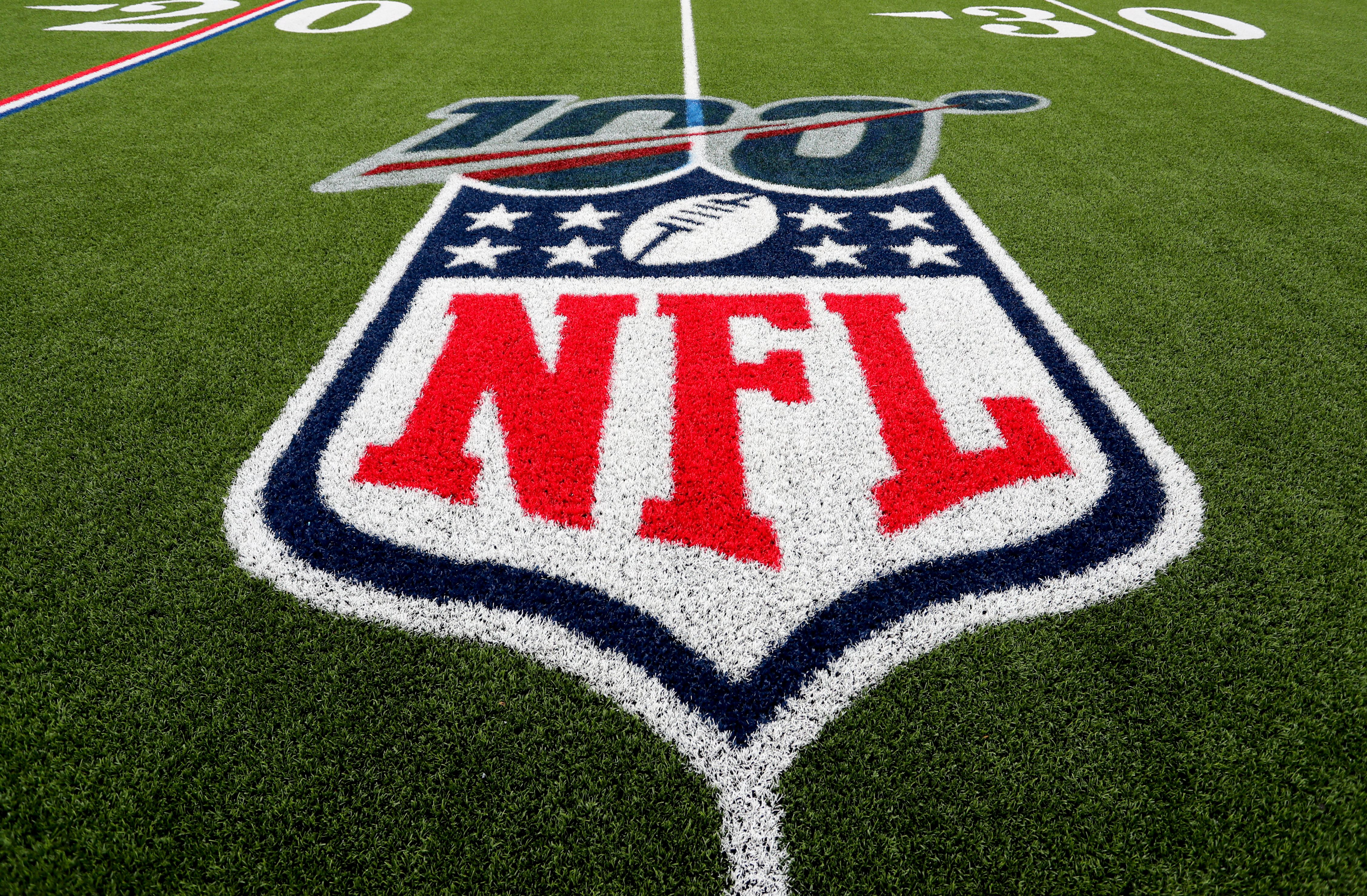 ORCHARD PARK, NY - SEPTEMBER 29:  A general view of the 100th year NFL logo on the field before a game between the Buffalo Bills and the New England Patriots at New Era Field on September 29, 2019 in Orchard Park, New York.  Patriots beat the Bills 16 to 10. (Photo by Timothy T Ludwig/Getty Images)