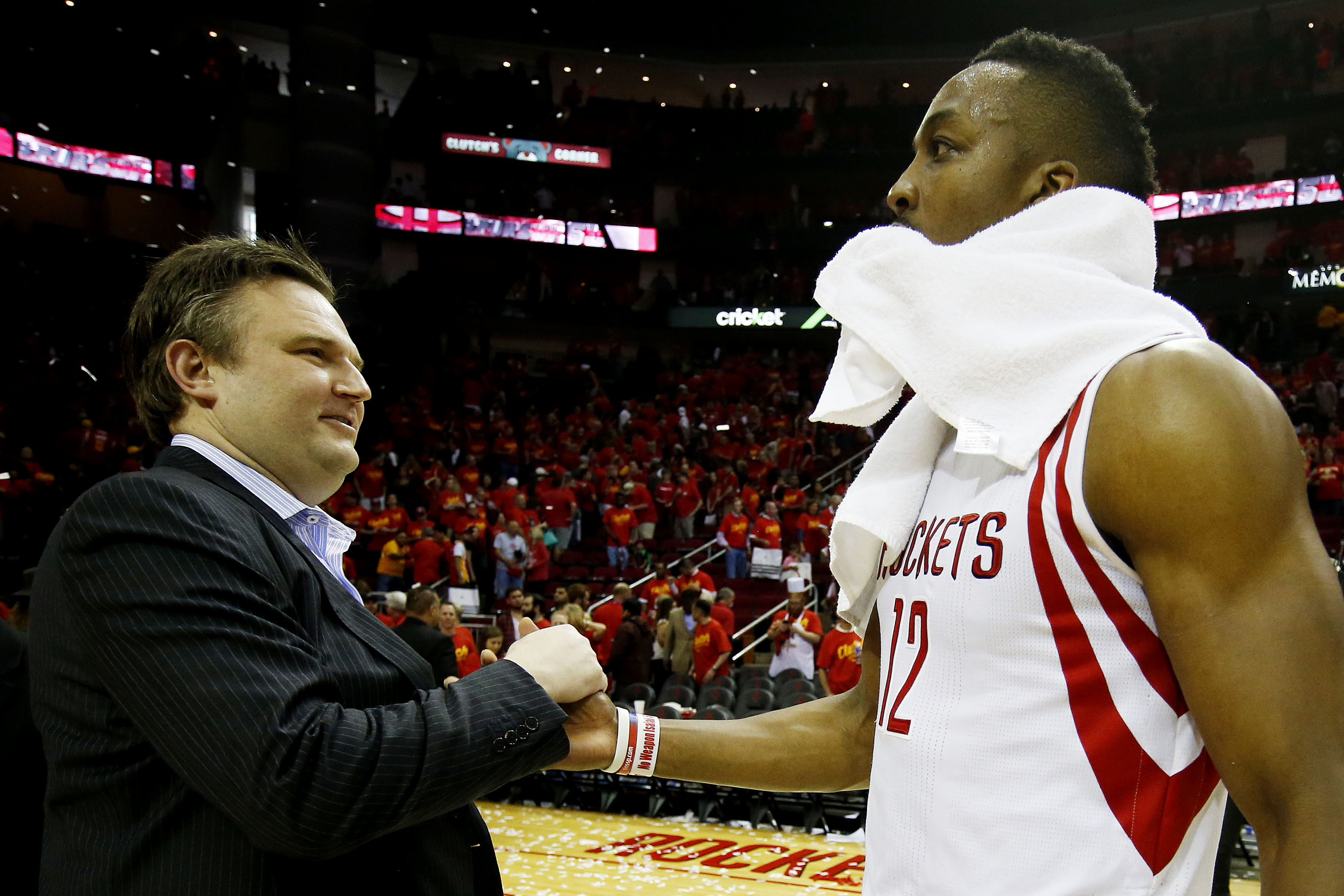 Dwight Howard celebrates with General Manager Daryl Morey after they defeated the Los Angeles Clippers in the 2015 Western Conference Semifinals.