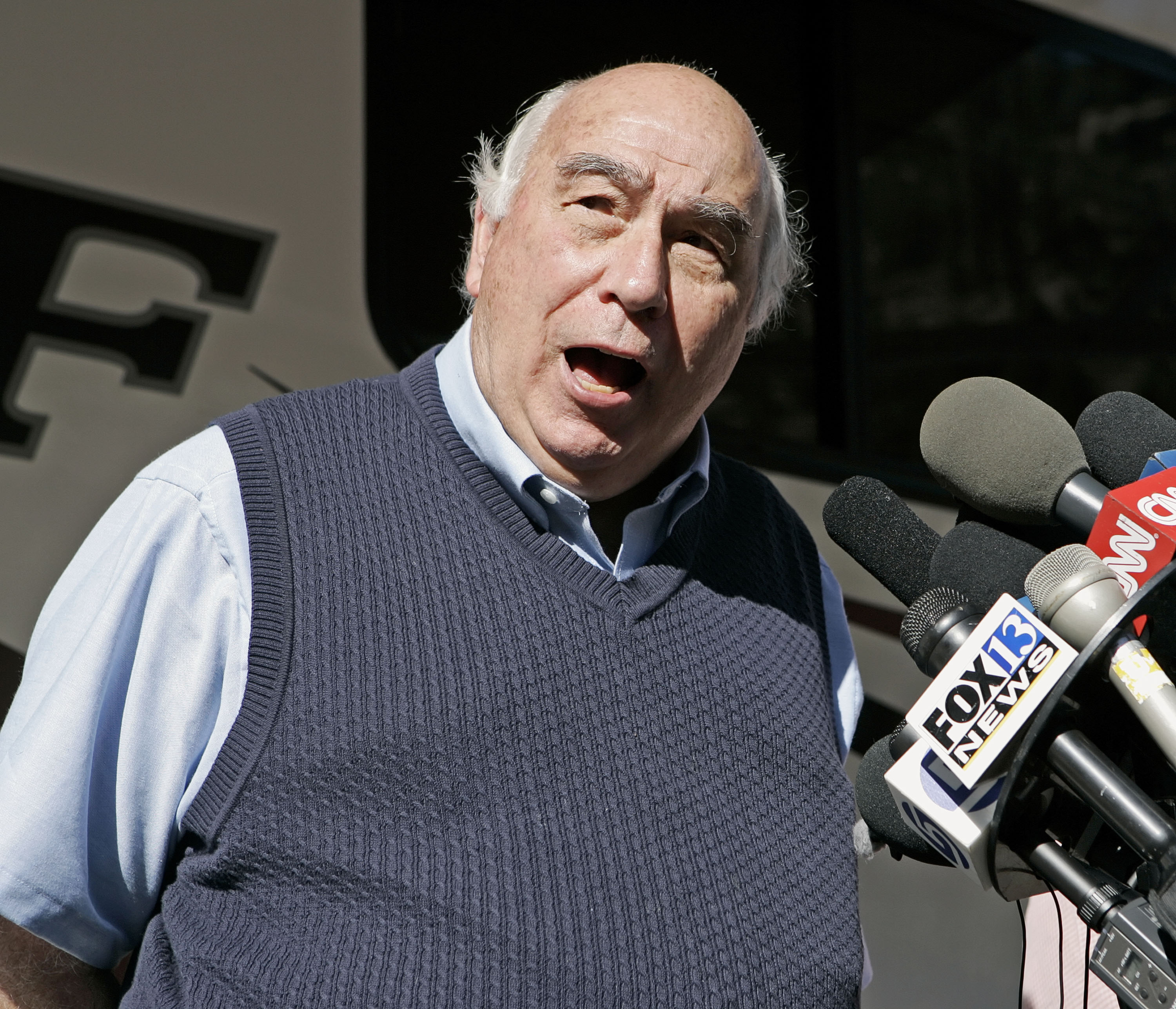 UNITED STATES - AUGUST 07: Robert E. Murray, chief executive officer and president of Murray Energy Corporation, speaks to the media regarding efforts to save six miners who are trapped in a Crandall Canyon Mine located northwest of Huntington Utah on Tuesday, Aug. 7, 2007. (Photo by Kenny Crookston/Bloomberg via Getty Images)