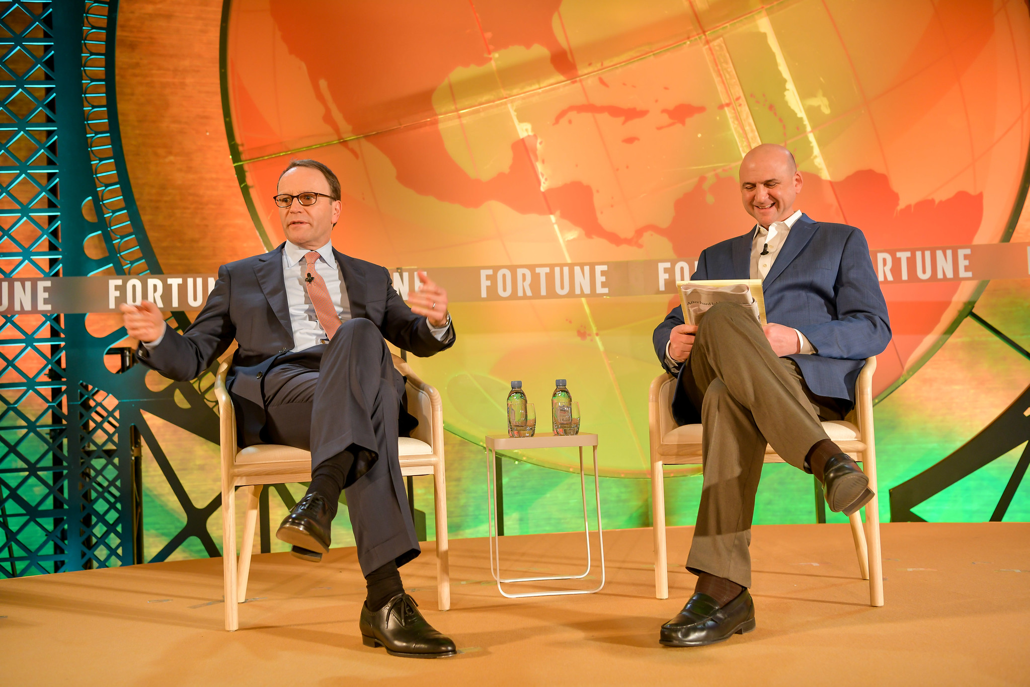 Nestlé CEO Ulf Mark Schneider (L) speaking at the 2019 Fortune Global Forum in Paris.