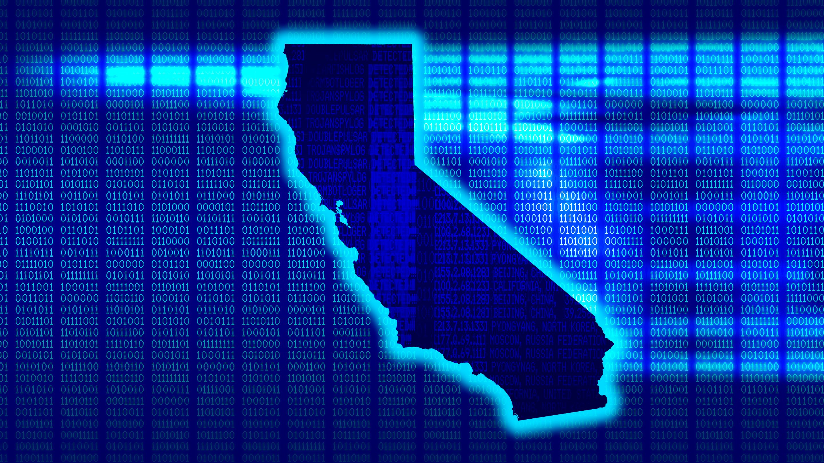 California - State with glow with a 101010 background in a 1970 dot matrix font on a computer screen. 8K Resolution ready.