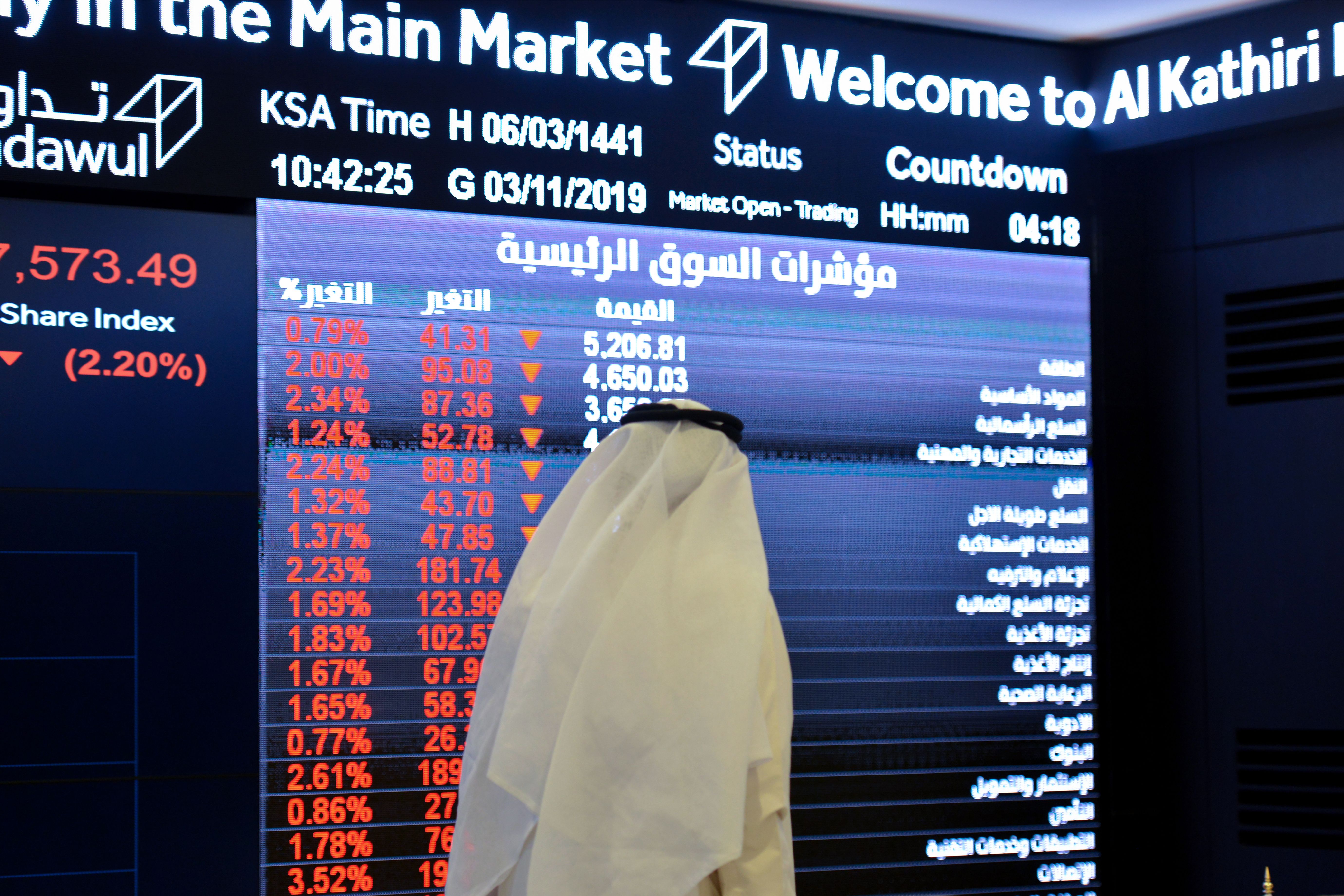 A Saudi man monitors stock prices at Tadawul Saudi bourse in Riyadh. Saudi Aramco went public on the Riyadh stock exchange in December. The coronavirus and a brutal price war between the Saudis and Russians have sunk oil prices, impacting the company's revenues and profits. Wire photography: Fayez Nureldine—AFP via Getty Images