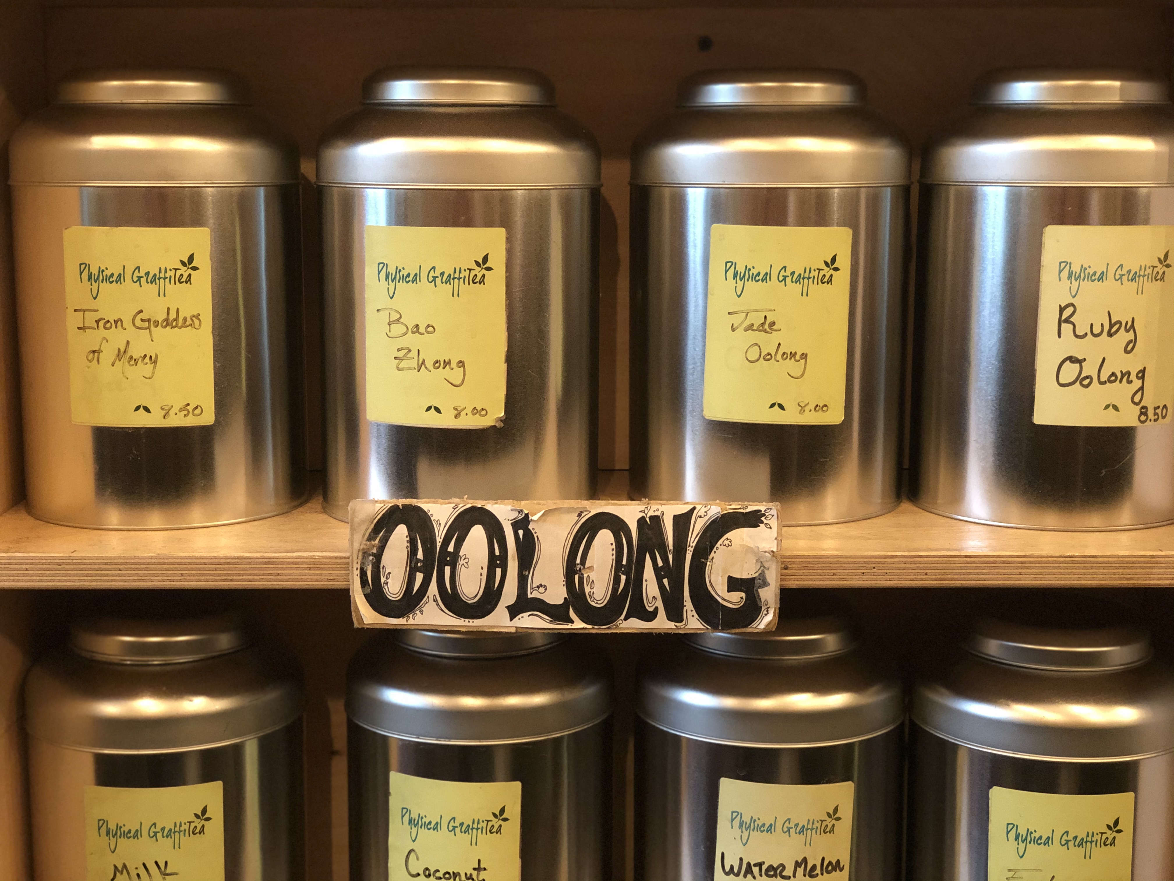 Physical Graffitea is a basement-level tearoom offering a selection of organic and fair-trade teas.