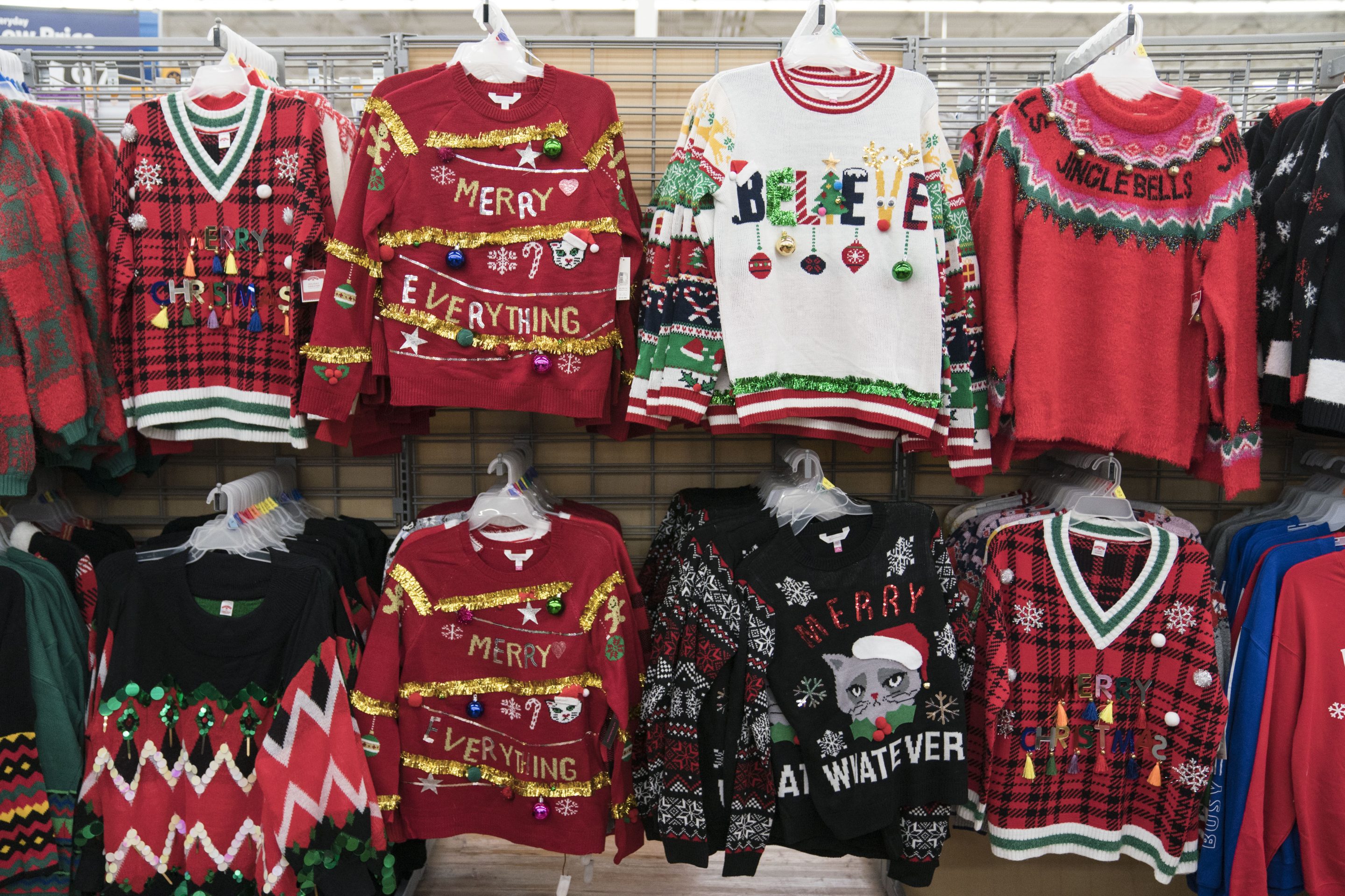 KING OF PRUSSIA, PA - NOVEMBER 28: Christmas sweaters are seen in Walmart on Thanksgiving night ahead of Black Friday on November 28, 2019 in King of Prussia, United States. (Photo by Sarah Silbiger/Getty Images)