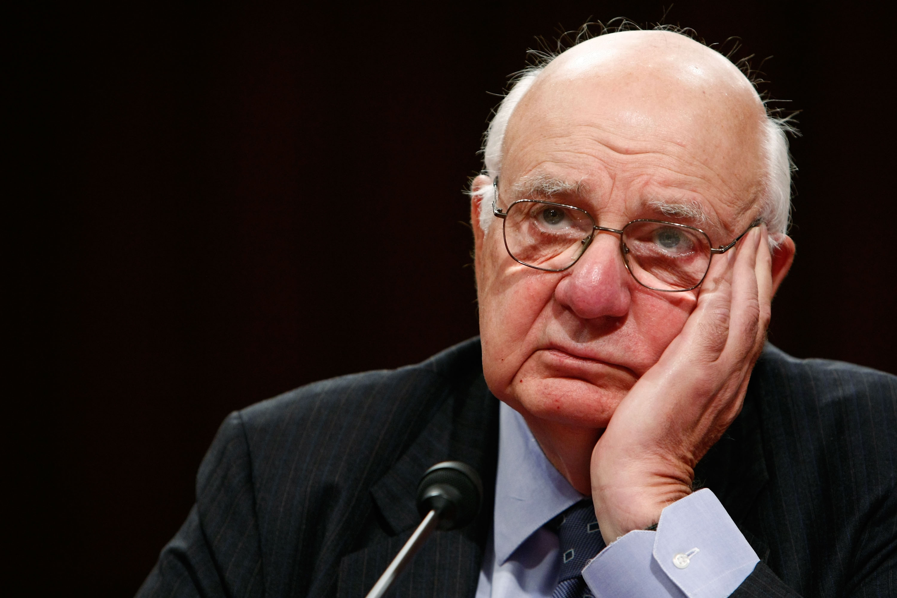 WASHINGTON - MAY 14: Former Federal Reserve Chairman Paul Volcker testifies before the Joint Economic Committee May 14, 2008 on Capitol Hill in Washington, DC. The full committee met for a hearing on "Wall Street to Main Street: Is the Credit Crisis Over and What Can the Federal Government Do to Prevent Unnecessary Systemic Risk in the Future?" (Photo by Win McNamee/Getty Images)