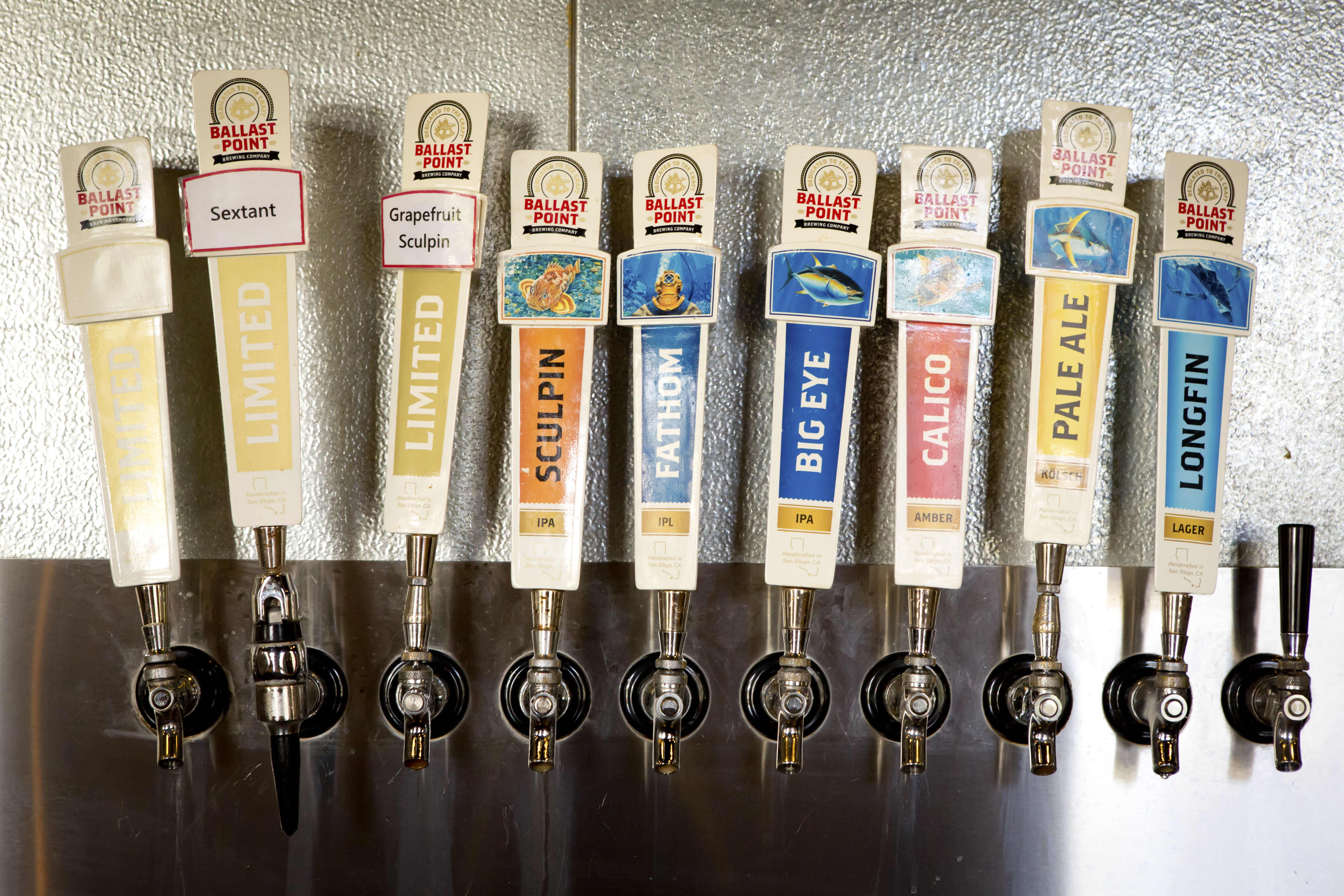 Beer taps in San Diego micro brewery