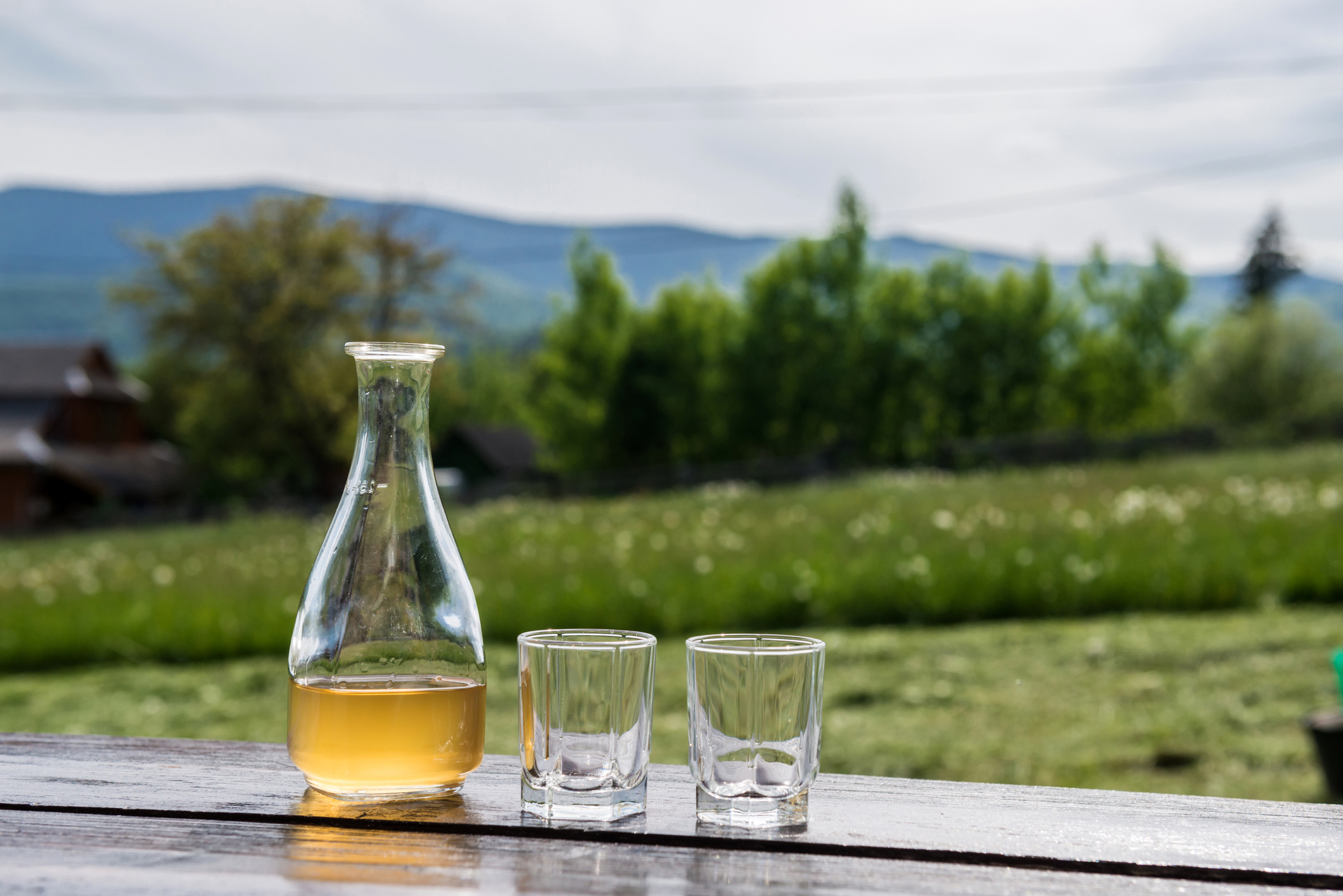 A carafe of mead, a sweet yellow honey wine.