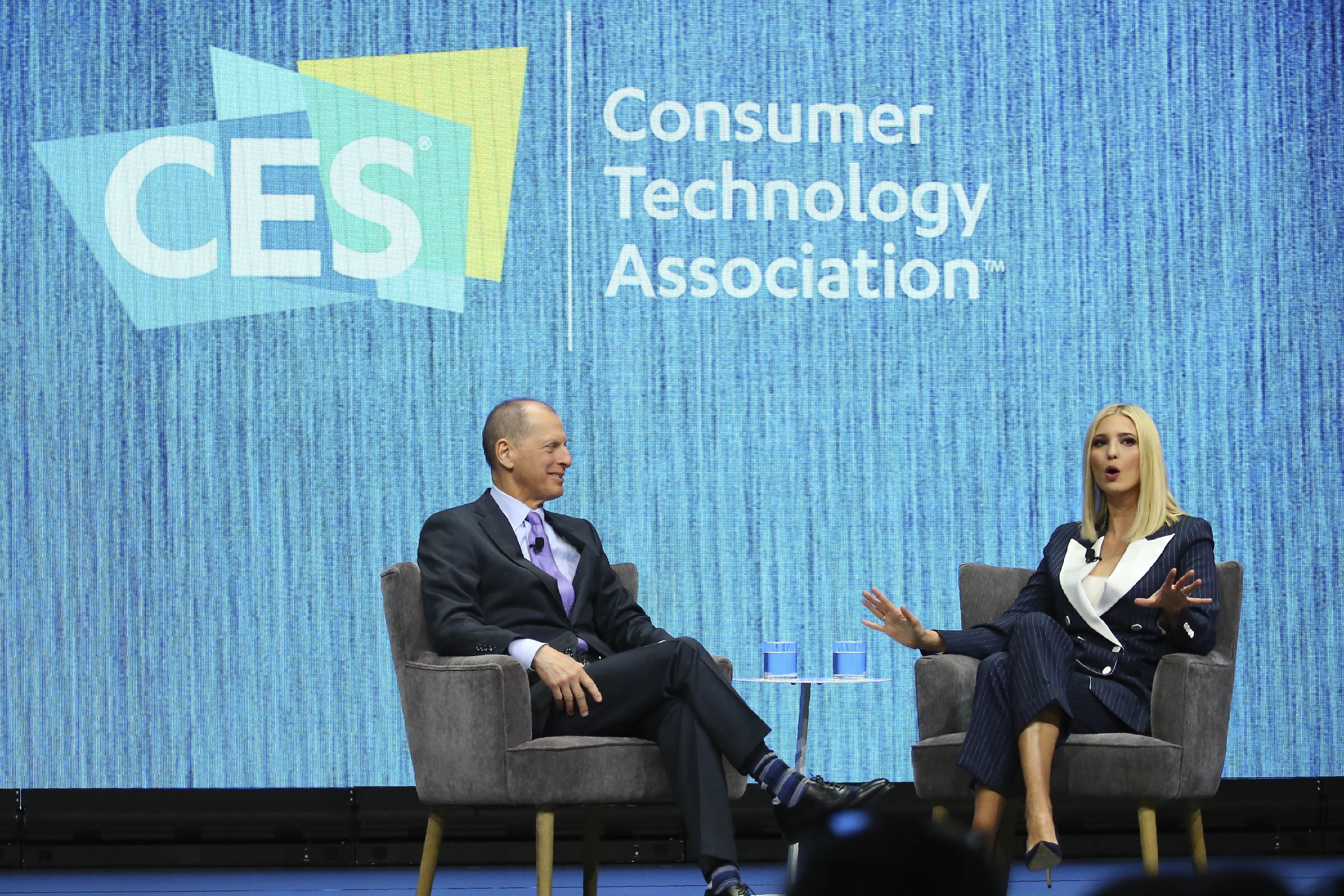 Ivanka Trump, right, the daughter and senior adviser to U.S. President Donald Trump, answers a question as she is interviewed by Gary Shapiro, left, CEO of the Consumer Technology Association, at the Consumer Technology Association Keynote during the CES tech show Tuesday, Jan. 7, 2020, in Las Vegas. (AP Photo/Ross D. Franklin)