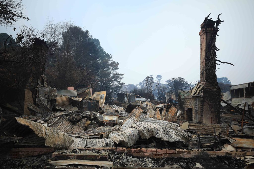 CANBERRA, Jan. 13, 2020 -- Photo taken on Jan. 13, 2020 shows ruins left by bushfires in the village of Wingello, about one and a half hour drive from Canberra, capital of Australia. At least 28 people have died and more than 2,000 homes have been destroyed across the country in bushfires in Australia. (Photo by Chu Chen/Xinhua via Getty) (Xinhua/Chu Chen via Getty Images)