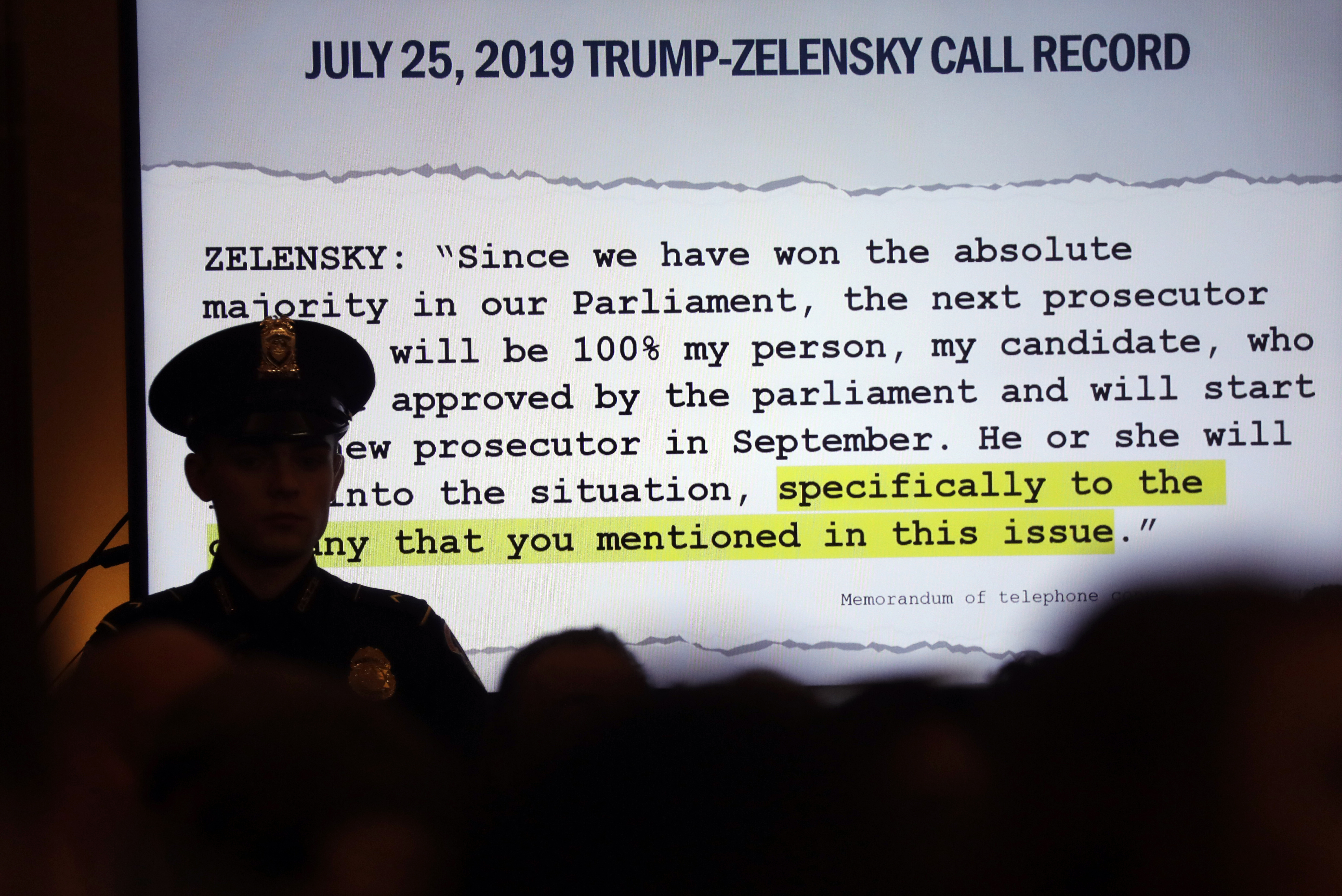 FILE: A call record between President Trump and Volodymyr Zelenskiy is projected on a monitor during a House Intelligence Committee impeachment inquiry hearing in Washington, D.C., U.S., on Nov. 19, 2019. The Senate will begin the impeachment proceedings against Trump on Tuesday afternoon.