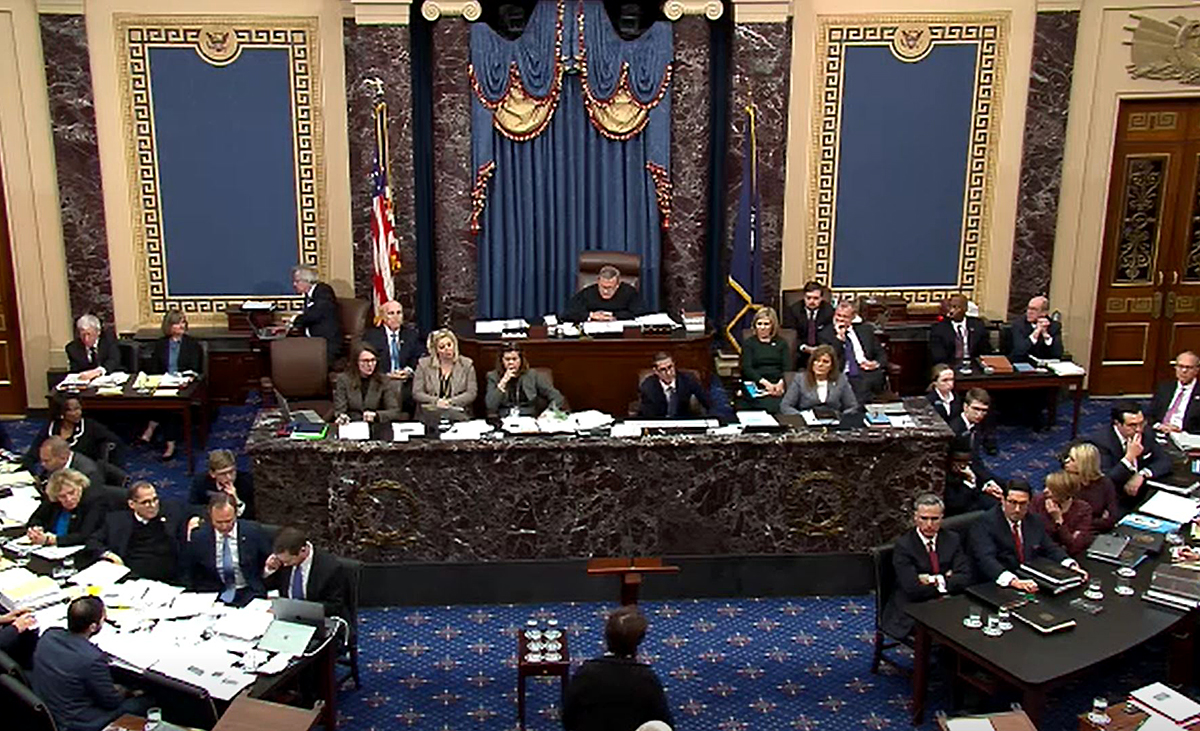 In this screenshot taken from a Senate Television webcast, Chief Justice John Roberts admonishes the House managers and the President's lawyers for using language inappropriate for the Senate during impeachment proceedings against U.S. President Donald Trump at the U.S. Capitol on January 22, 2020 in Washington, DC.
